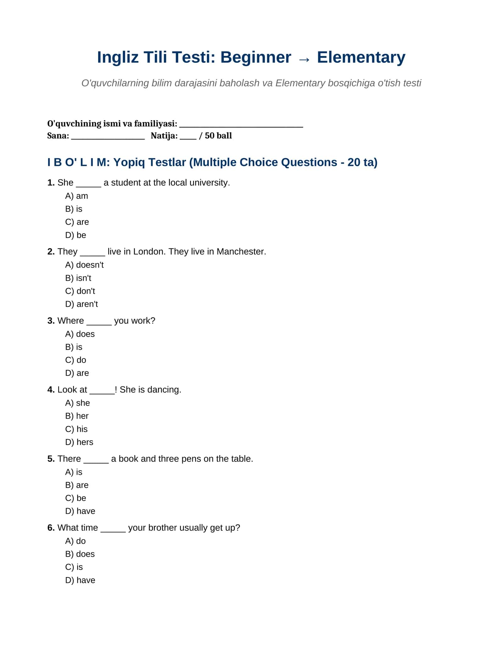 Ingliz tili testi: Beginner dan Elementary bosqichiga o'tish uchun testlar to'plami va javoblari