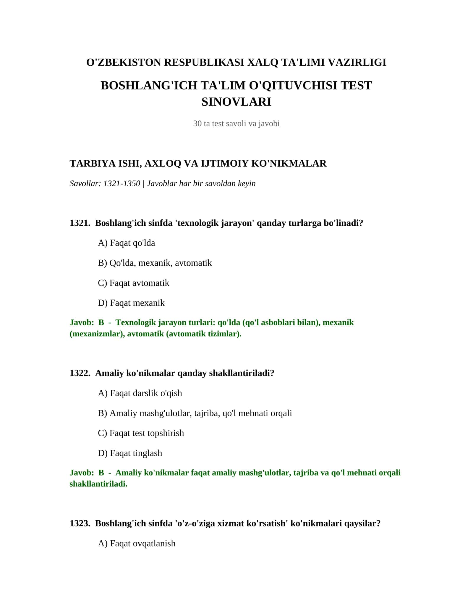O'QITUVCHISI TEST SINOVLARI
