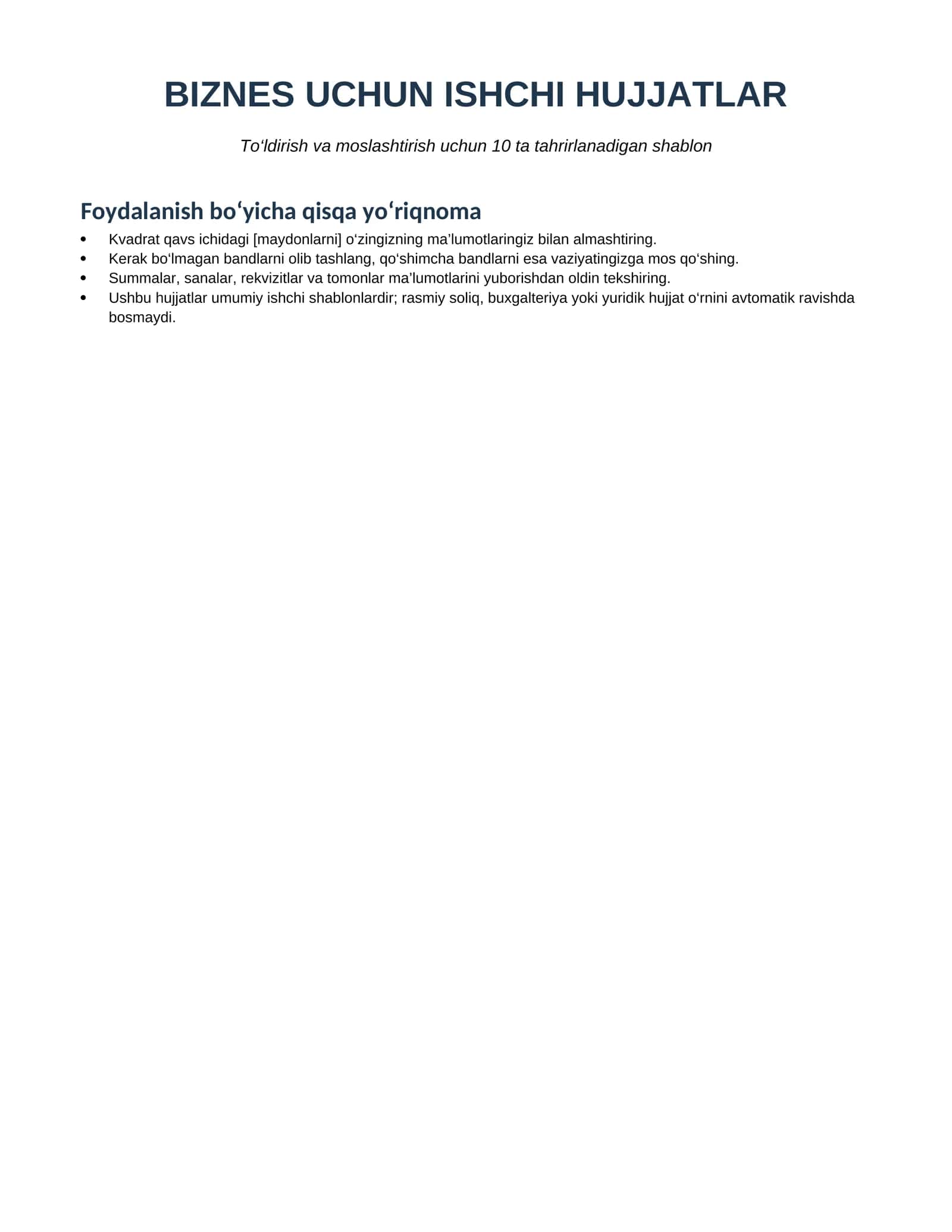 Biznes uchun 10 ta tayyor hujjat shabloni — Word va PDF