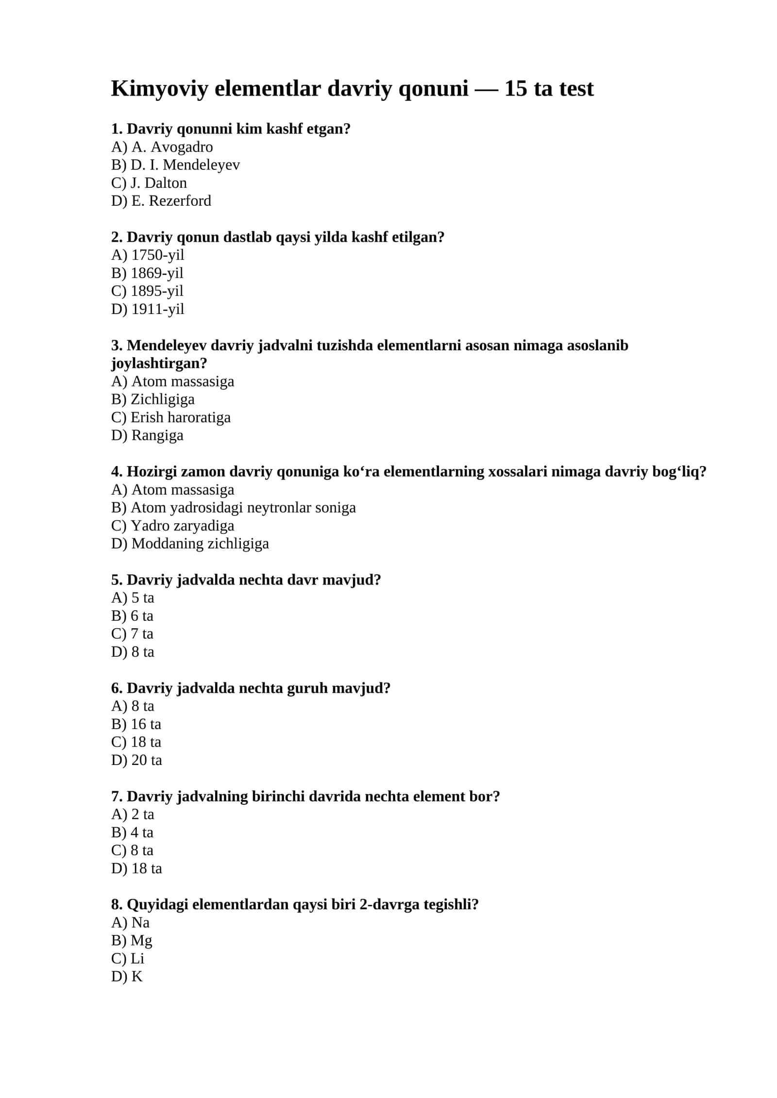 Kimyoviy elementlar davriy qonuni — 15 ta test