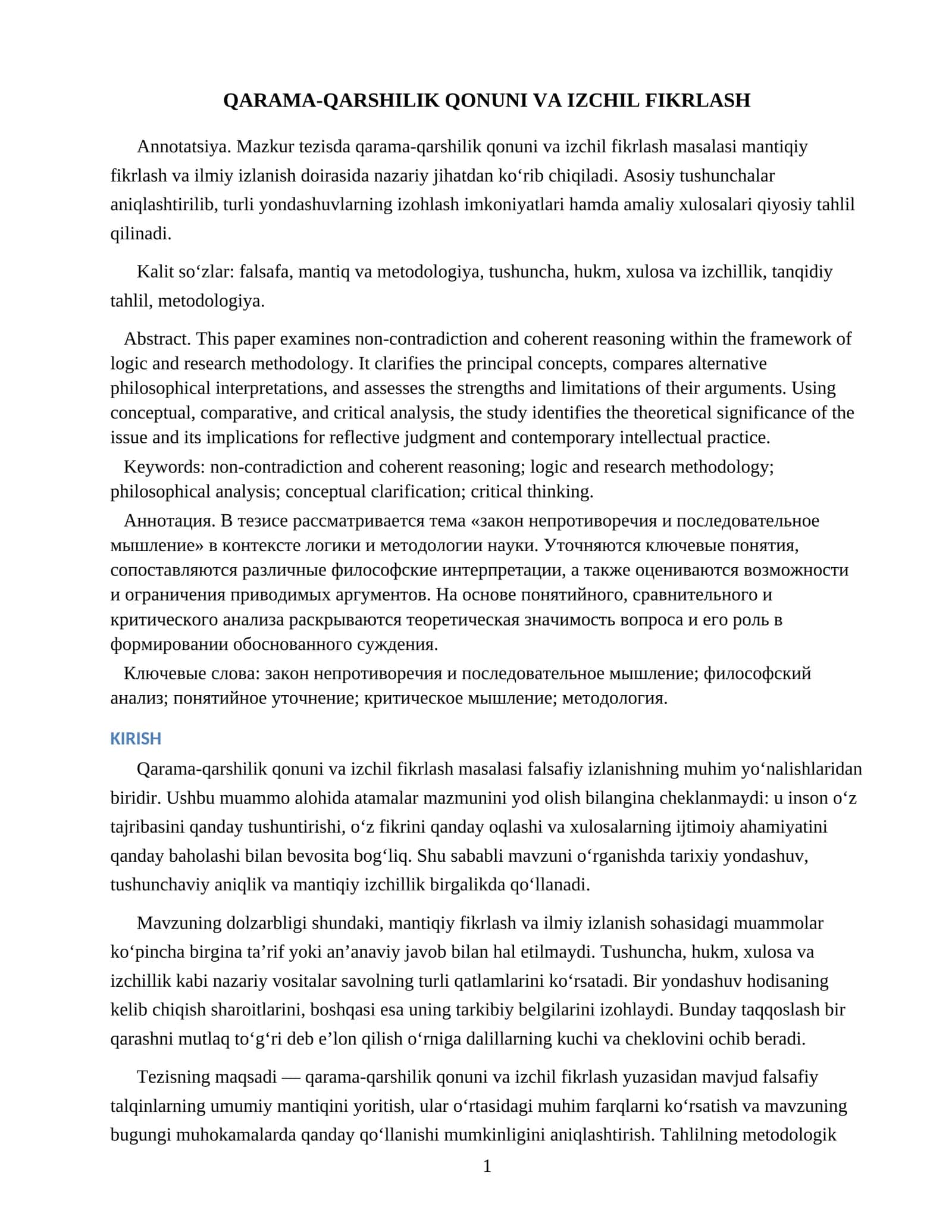 QARAMA-QARSHILIK QONUNI VA IZCHIL FIKRLASH