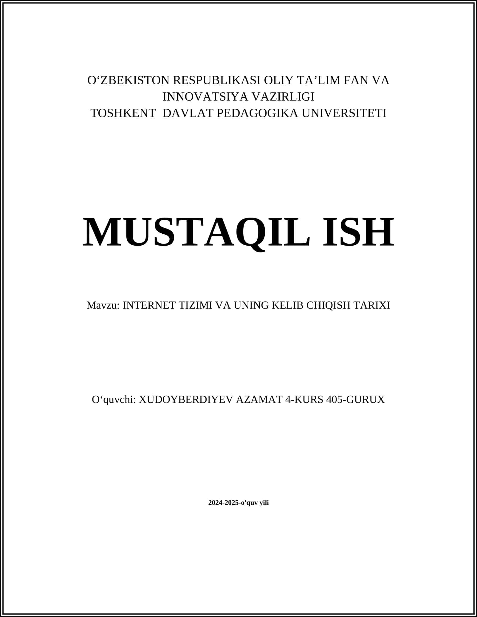 INTERNET TIZIMI VA UNING KELIB CHIQISH TARIXI