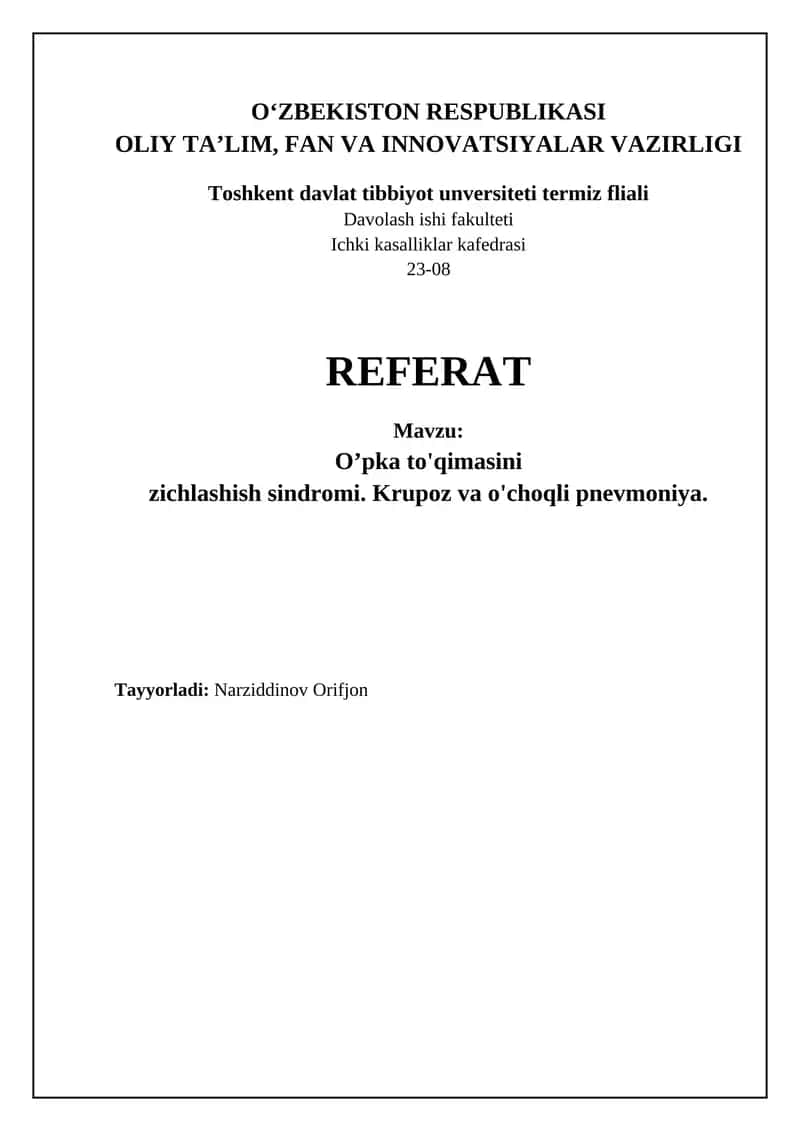 Pnevmoniya – o'pka to'qimasining yallig'lanish kasalligi