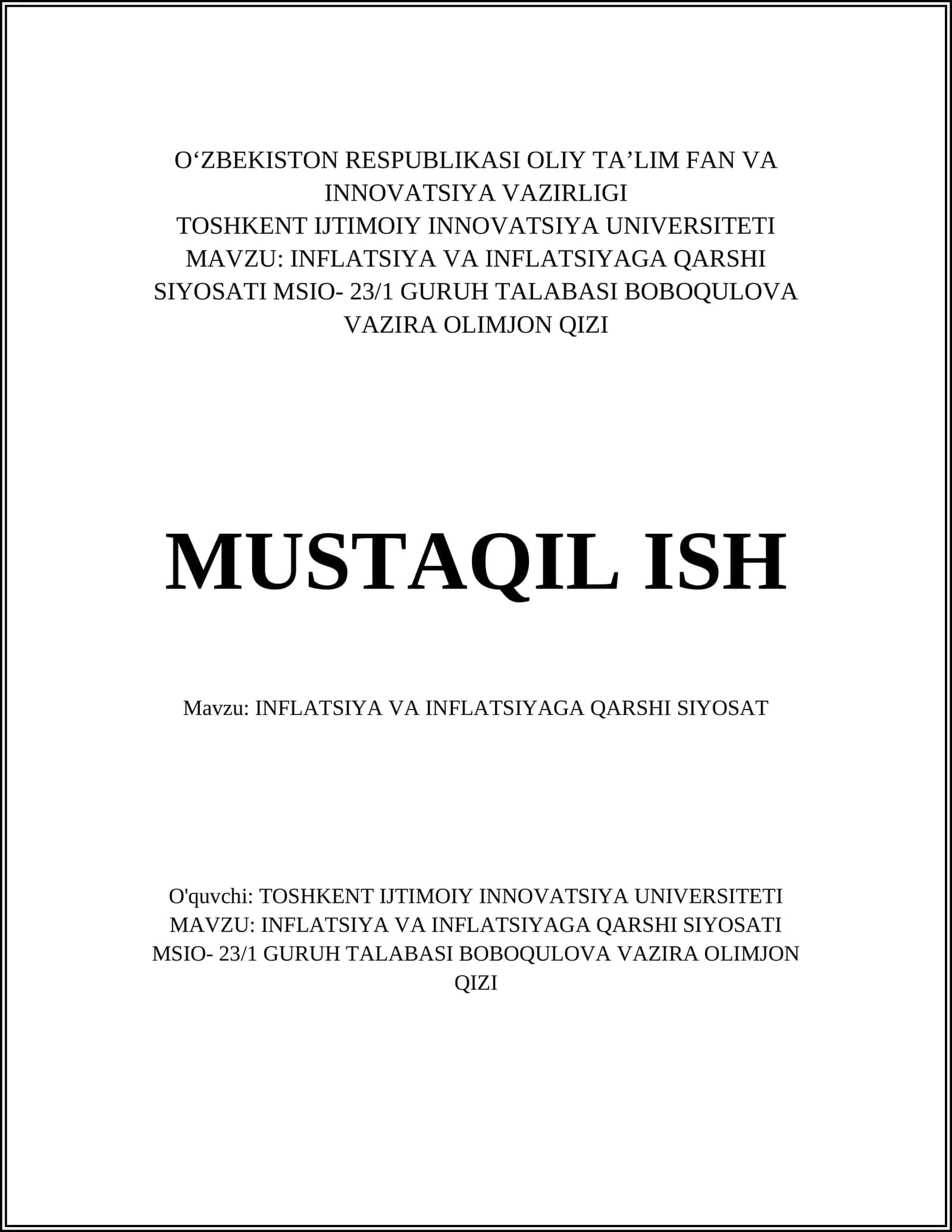 INFLATSIYA VA INFLATSIYAGA QARSHI SIYOSAT