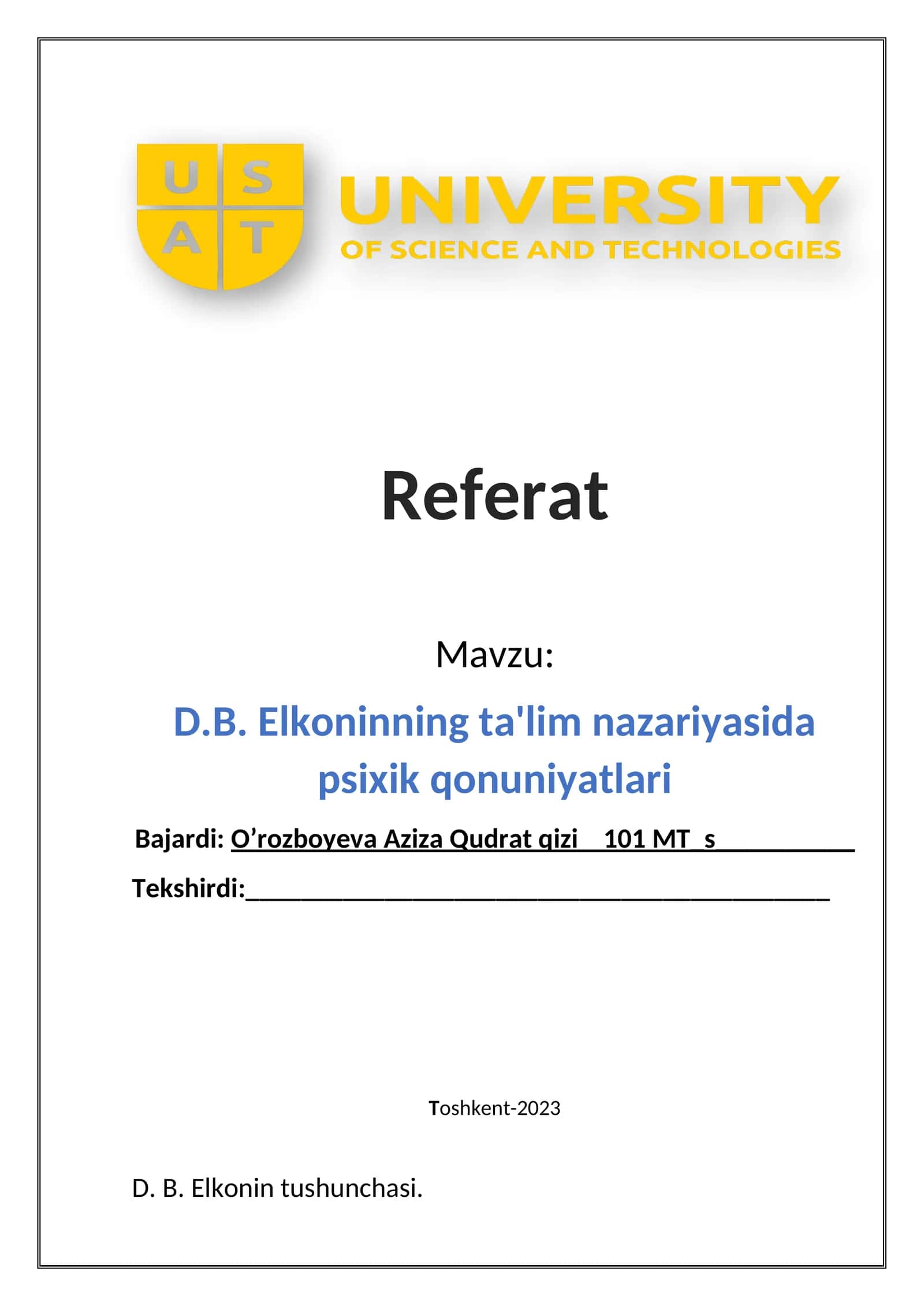 D.B. Elkoninning ta'lim nazariyasida psixik qonuniyatlari