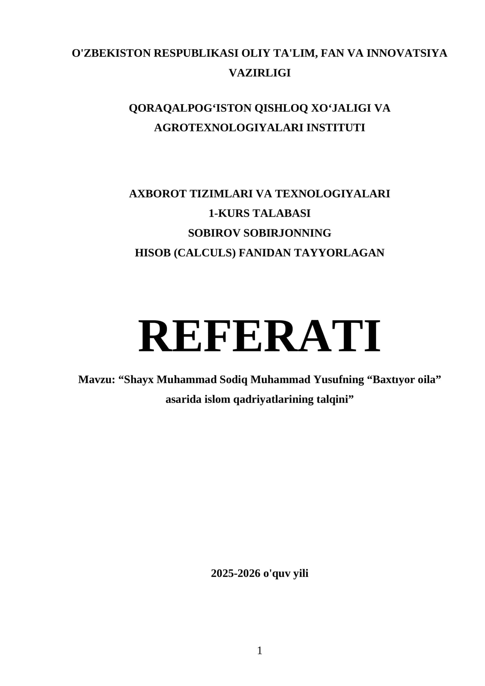 1-KURS TALABASI SOBIROV SOBIRJONNING HISOB (CALCULS) FANIDAN TAYYORLAGAN REFERATI