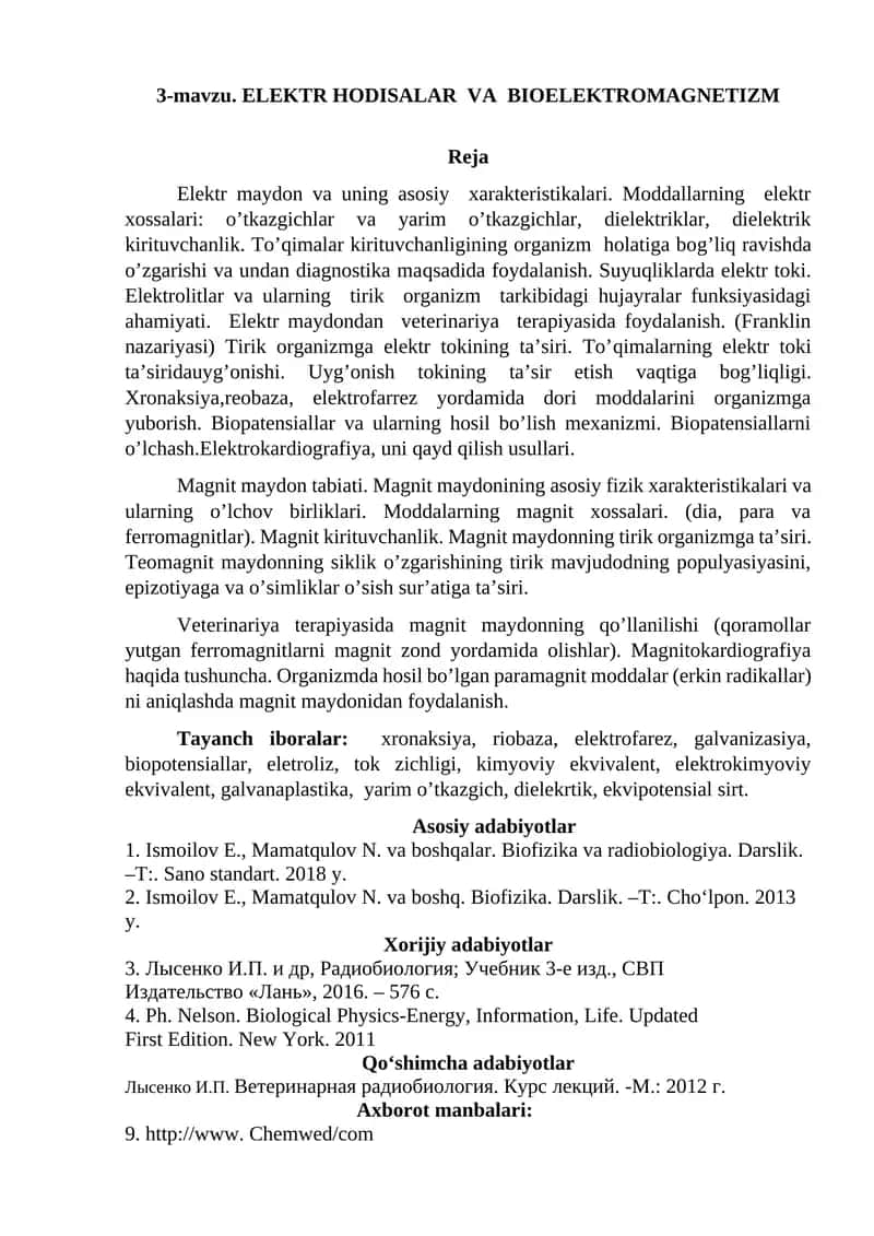 ELEKTR HODISALAR VA BIOELEKTROMAGNETIZM