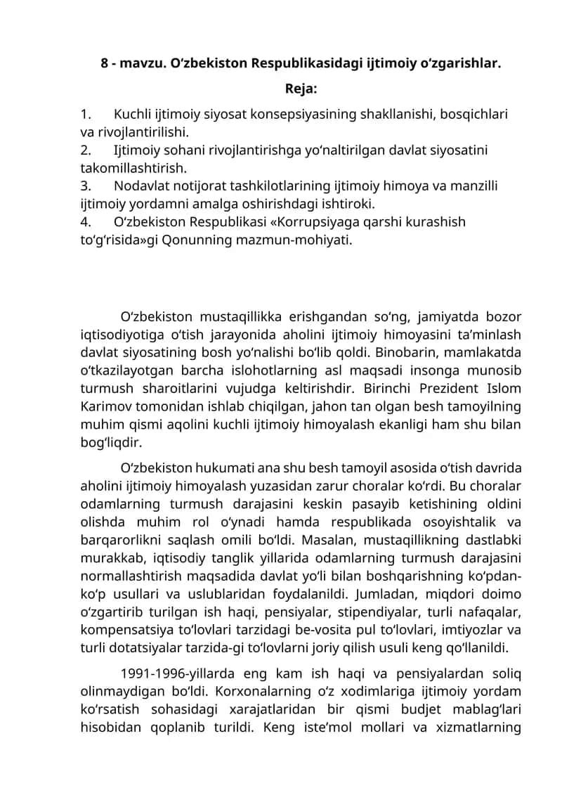 O‘zbekiston Respublikasidagi ijtimoiy o‘zgarishlar