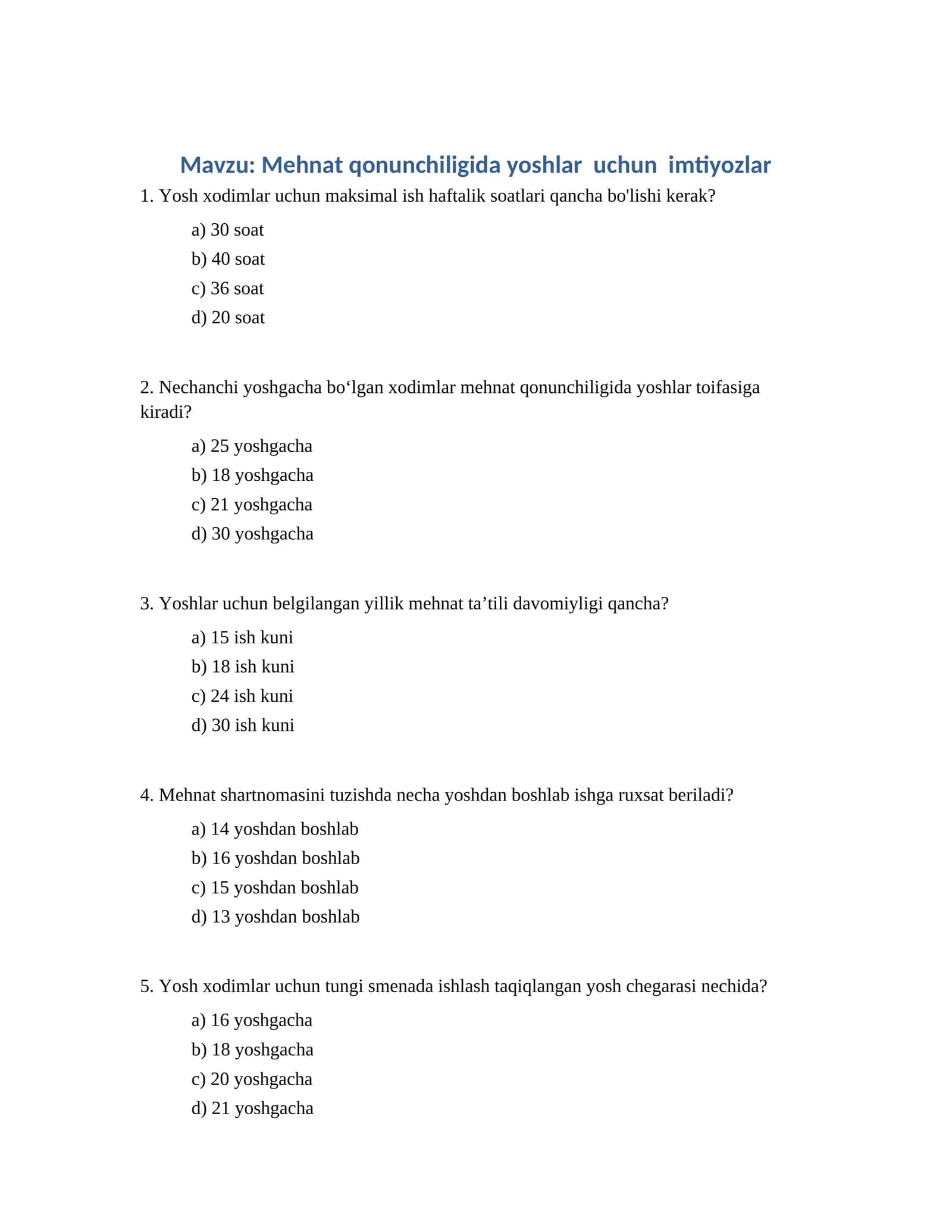 Mehnat qonunchiligida yoshlar uchun imtiyozlar