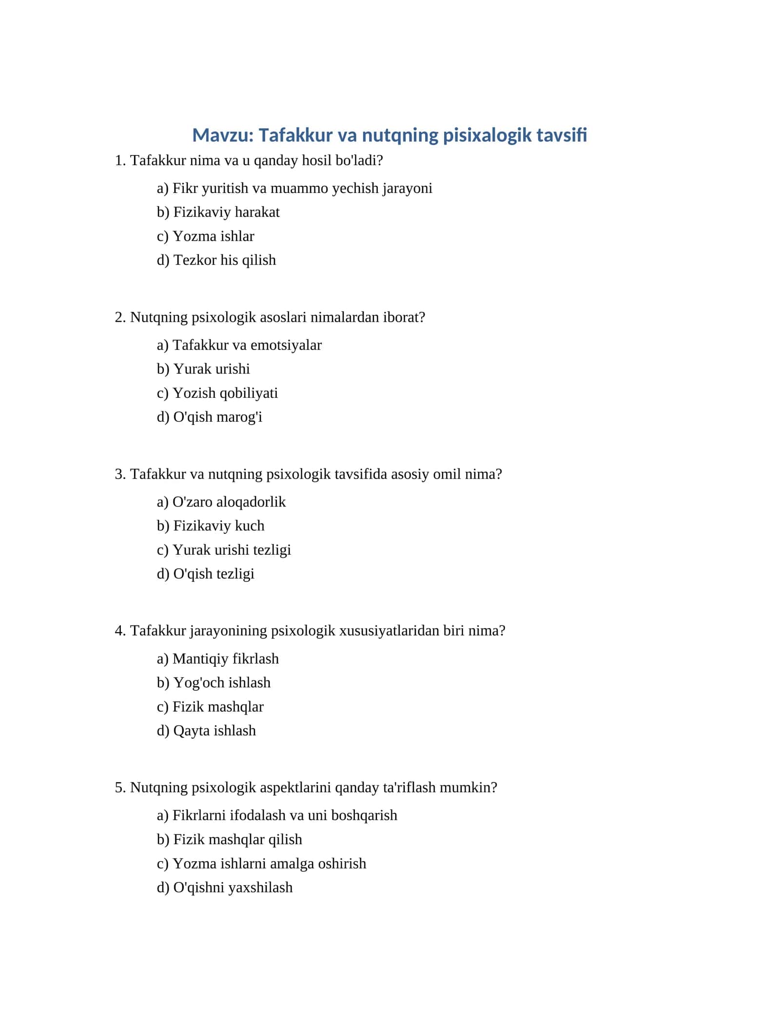 Tafakkur va nutqning pisixalogik tavsifi