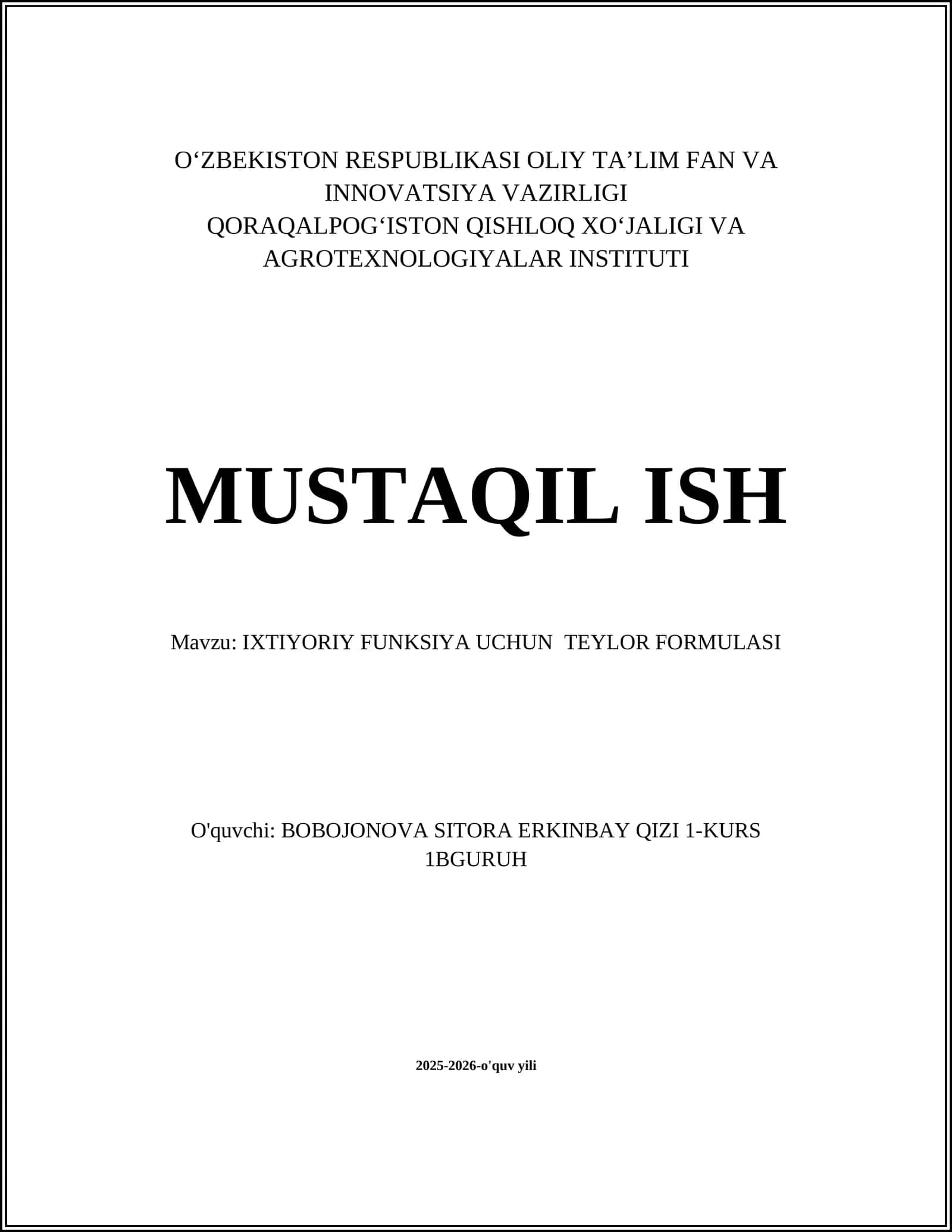 IXTIYORIY FUNKSIYA UCHUN TEYLOR FORMULASI