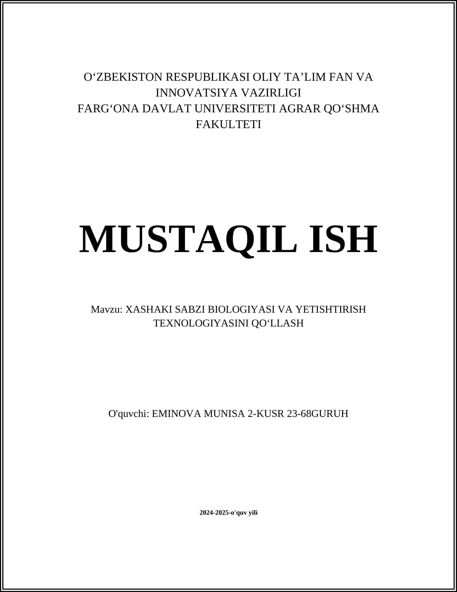 XASHAKI SABZI BIOLOGIYASI VA YETISHTIRISH TEXNOLOGIYASINI QOʻLLASH