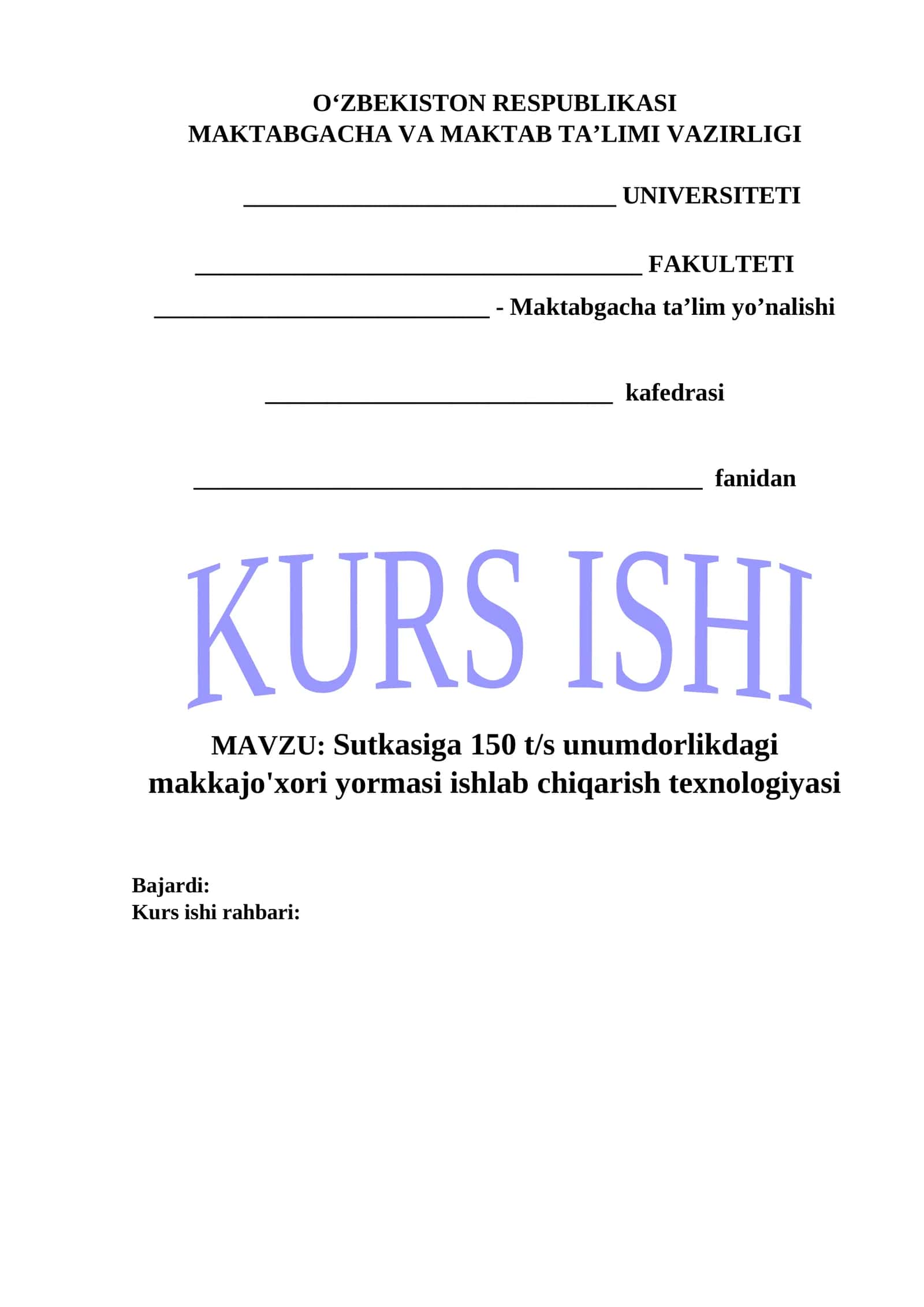 Sutkasiga 150 t/s unumdorlikdagi makkajo'xori yormasi ishlab chiqarish texnologiyasi