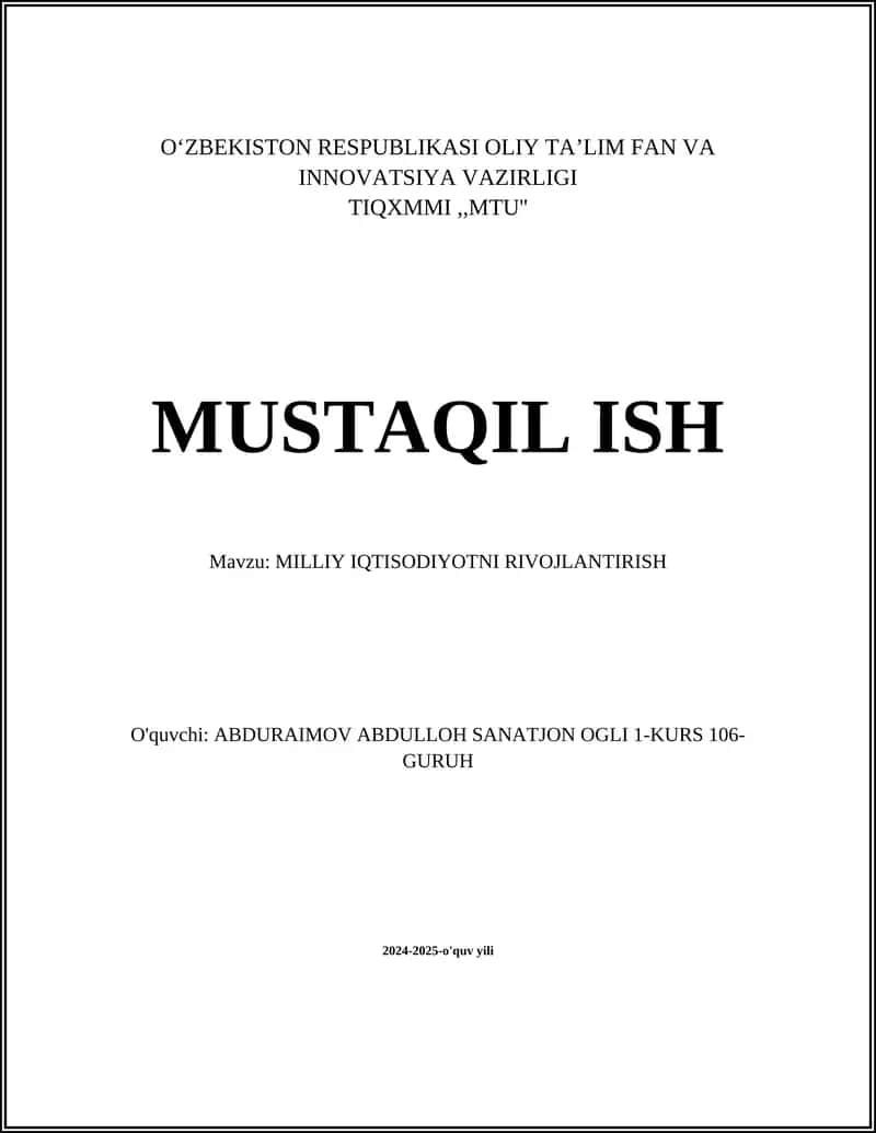MILLIY IQTISODIYOTNI RIVOJLANTIRISH