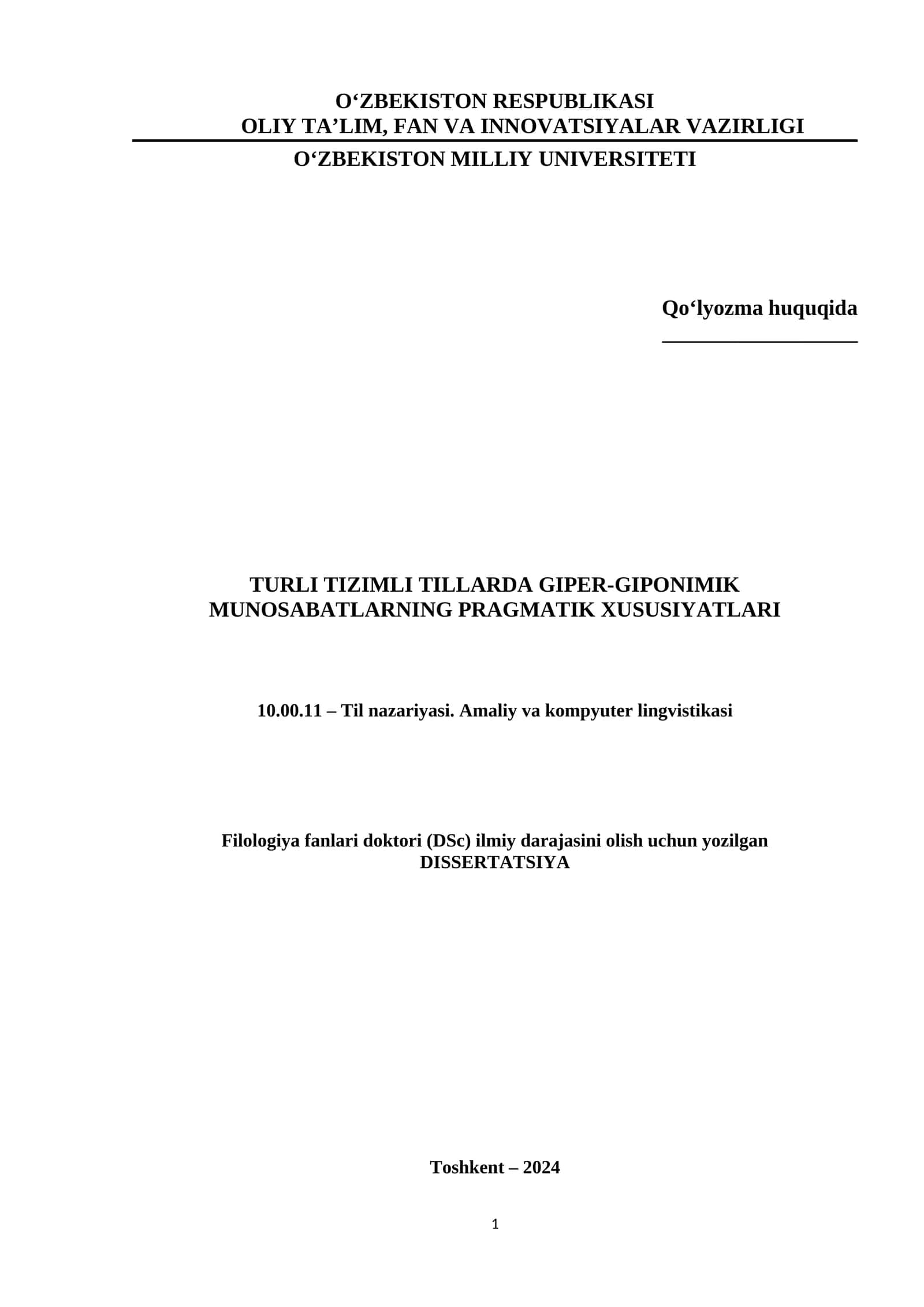 TURLI TIZIMLI TILLARDA GIPER-GIPONIMIK MUNOSABATLARNING PRAGMATIK XUSUSIYATLARI