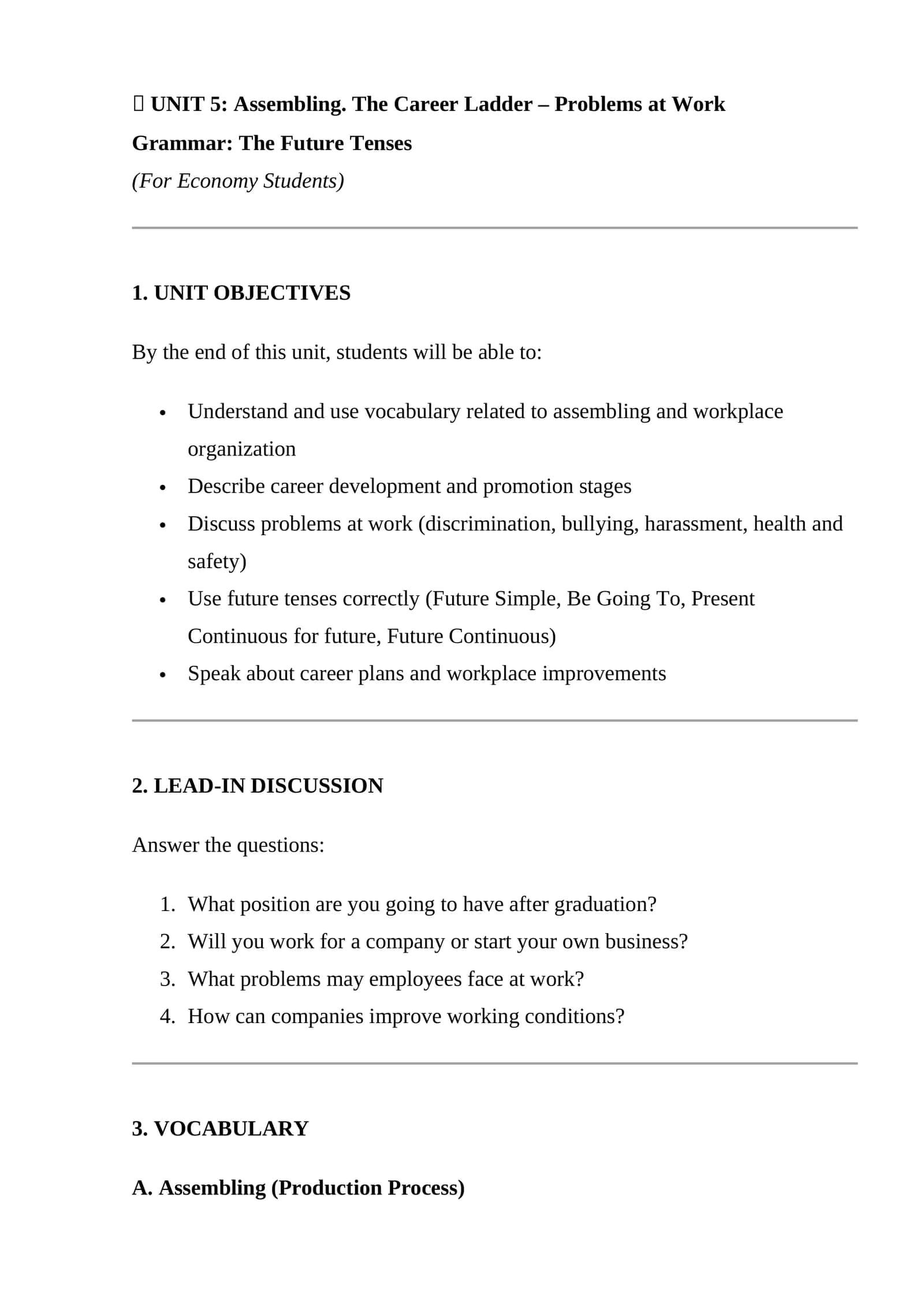 UNIT 5: Assembling. The Career Ladder – Problems at Work