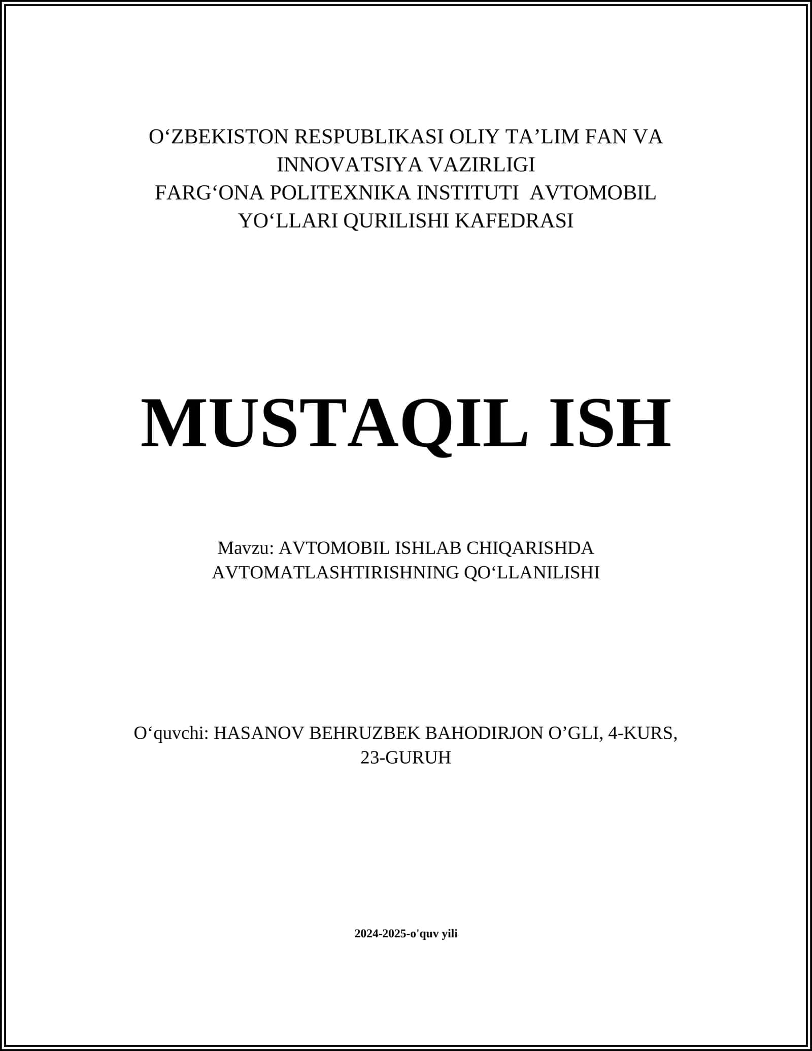 AVTOMOBIL ISHLAB CHIQARISHDA AVTOMATLASHTIRISHNING QOʻLLANILISHI