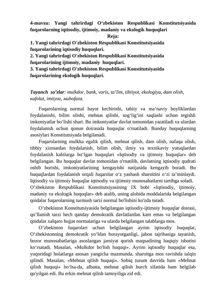 O‘zbekiston Respublikasi Konstitutsiyasida Fuqarolarning Iqtisodiy, Ijtimoiy, Madaniy va Ekologik Huquqlari