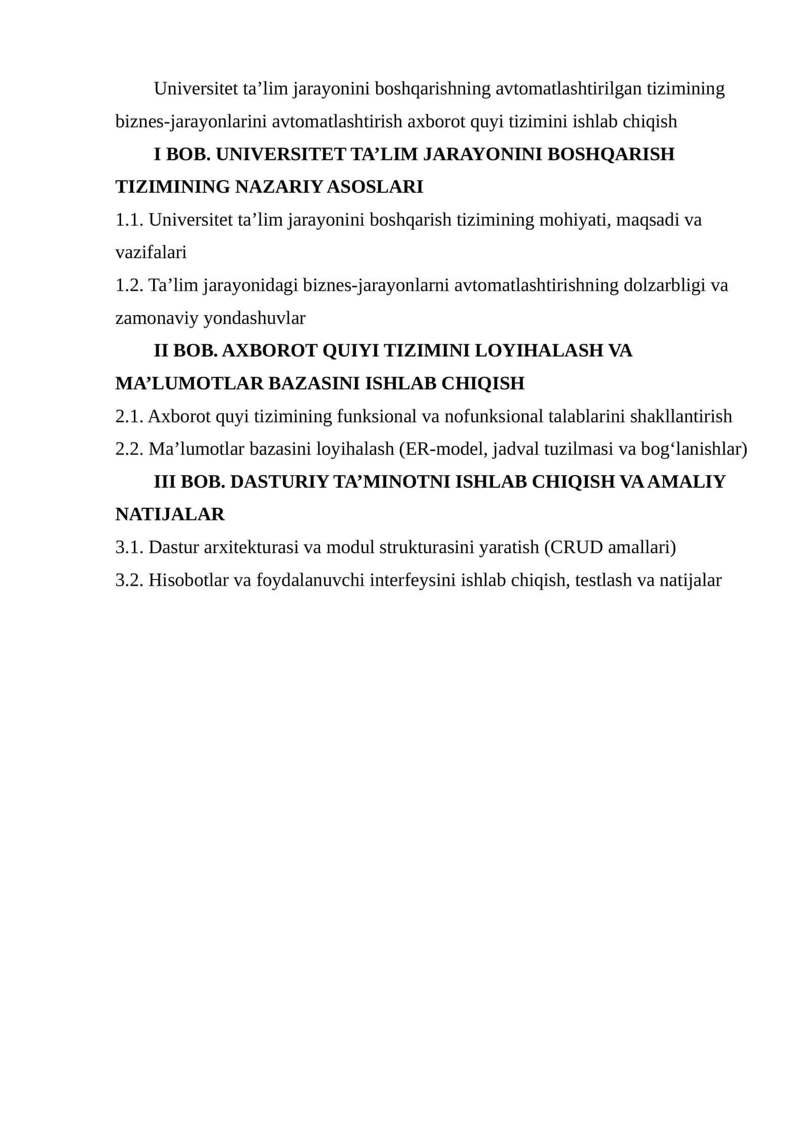 Universitet ta’lim jarayonini boshqarishning avtomatlashtirilgan tizimining biznes-jarayonlarini avtomatlashtirish axborot quyi tizimini ishlab chiqish