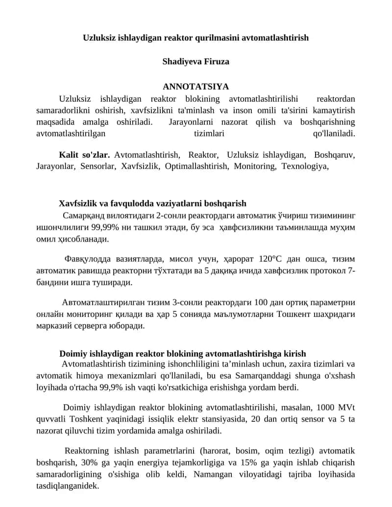 Uzluksiz ishlaydigan reaktor blokining avtomatlashtirilishi