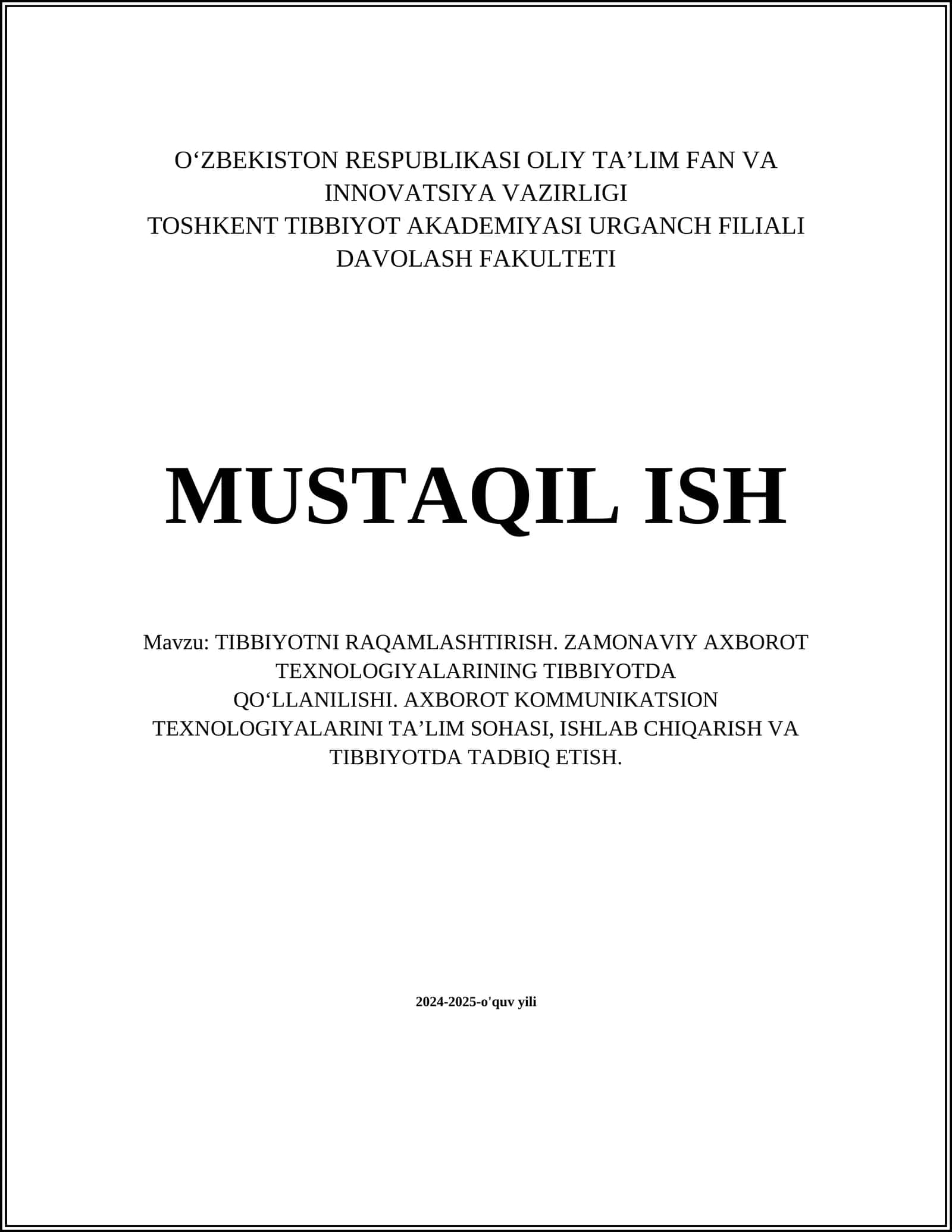 TIBBIYOTNI RAQAMLASHTIRISH