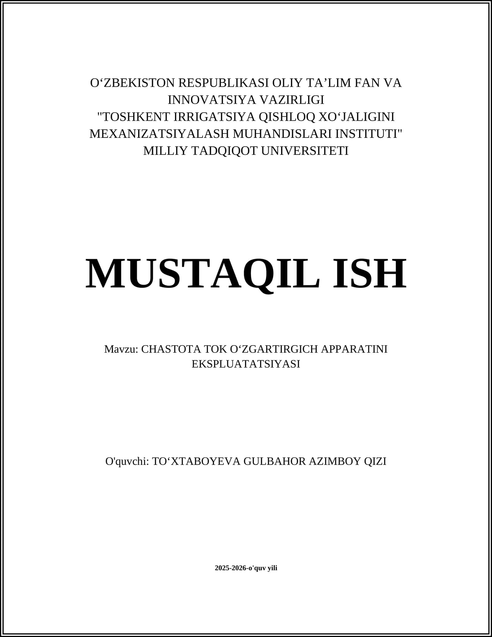 CHASTOTA TOK OʻZGARTIRGICH APPARATINI EKSPLUATATSIYASI