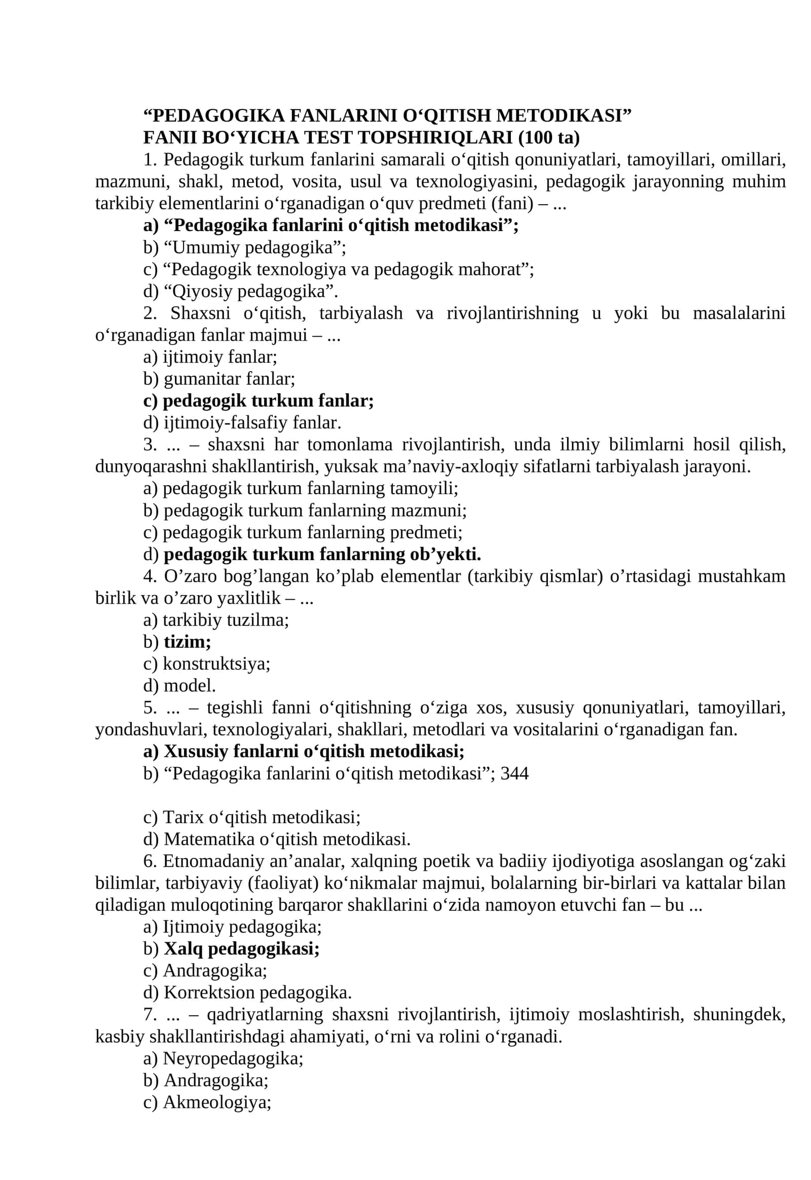 “PEDAGOGIKA FANLARINI O‘QITISH METODIKASI” FANI BO‘YICHA TEST TOPSHIRIQLARI (100 ta)