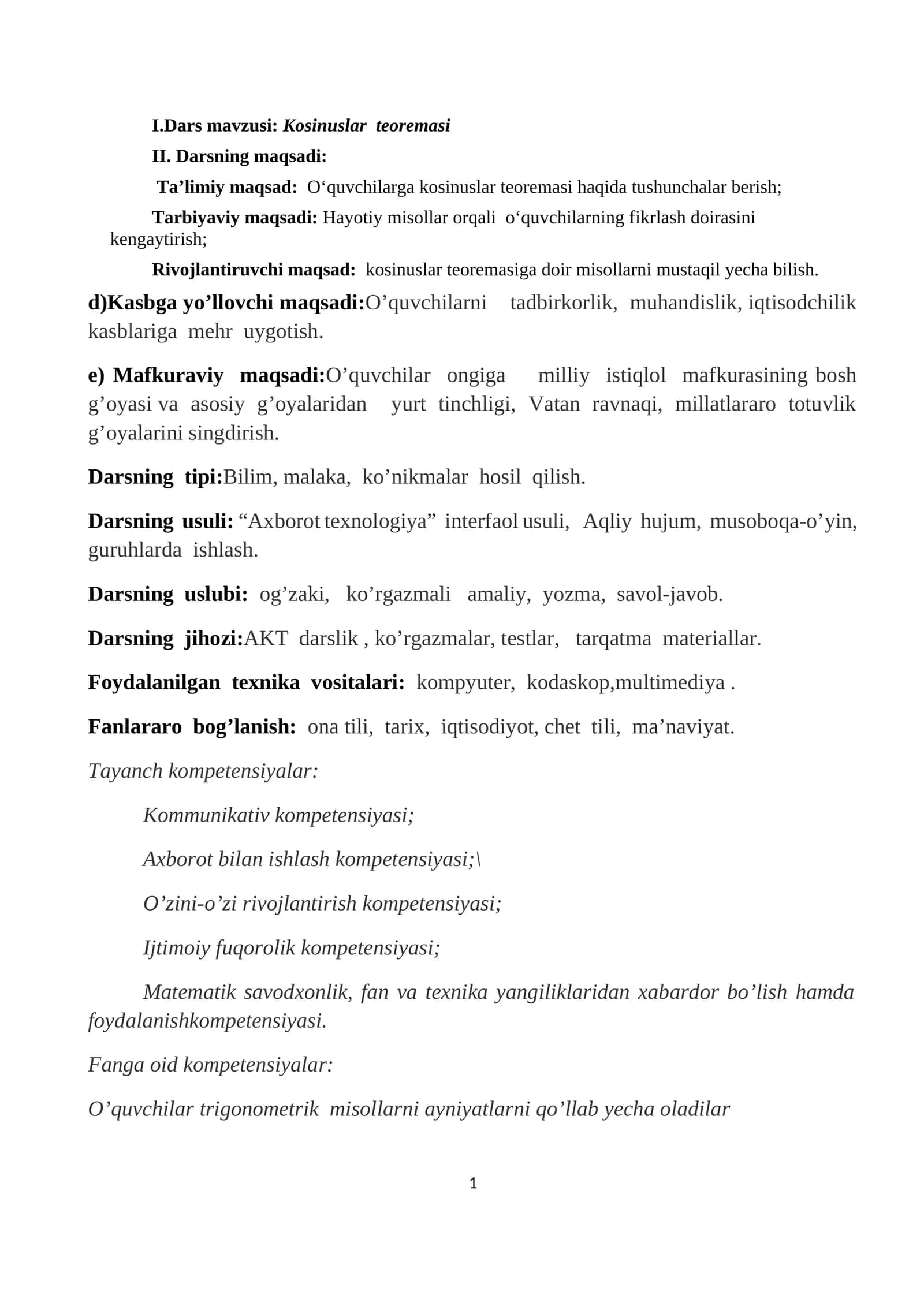 9-sinf Geometriya fanidan Kosinuslar teoremasi mavzusida ochiq dars ishlanma
