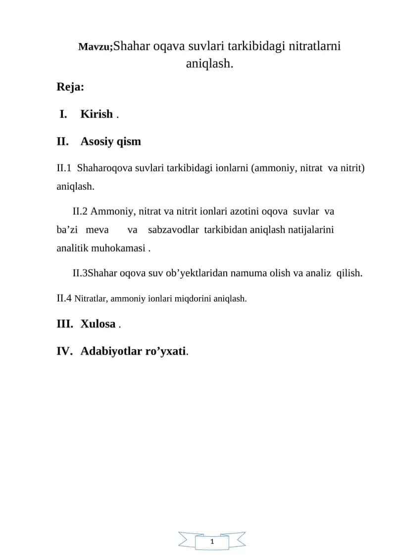 Shahar oqava suvlari tarkibidagi nitratlarni aniqlash