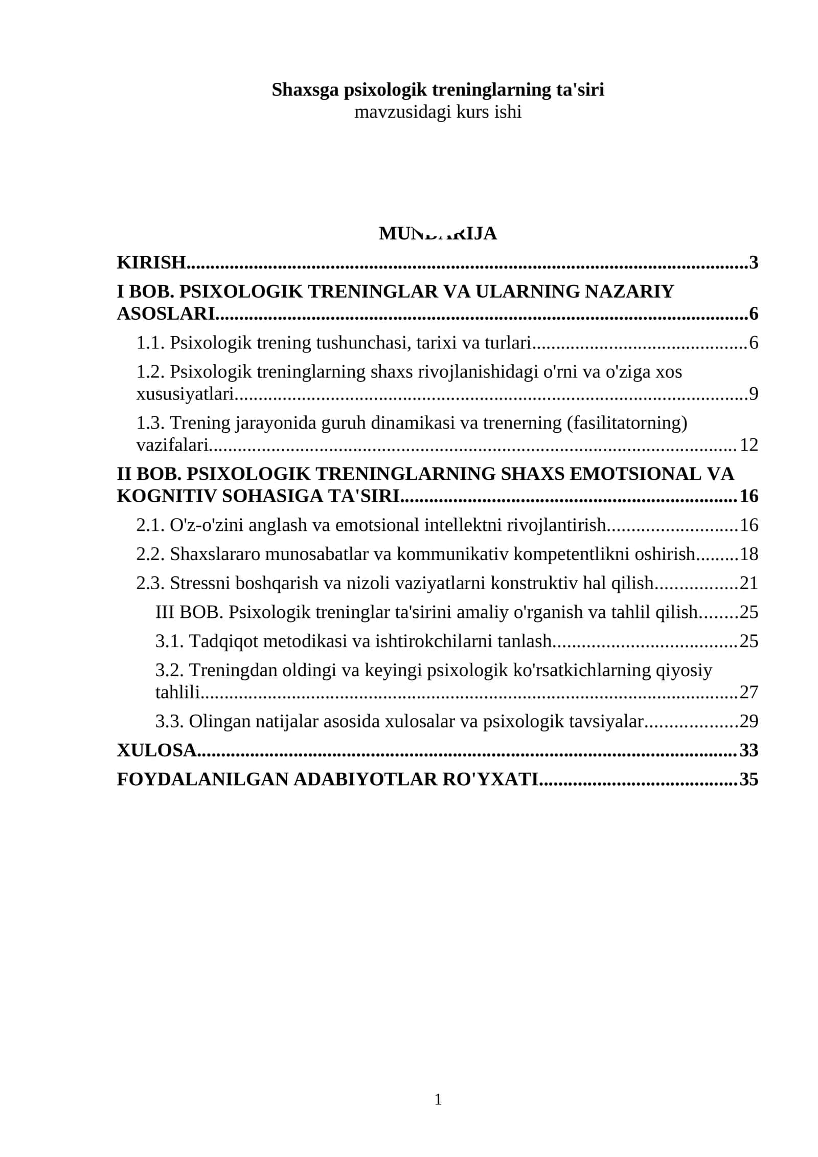 Shaxsga psixologik treninglarning ta'siri mavzusidagi kurs ishi