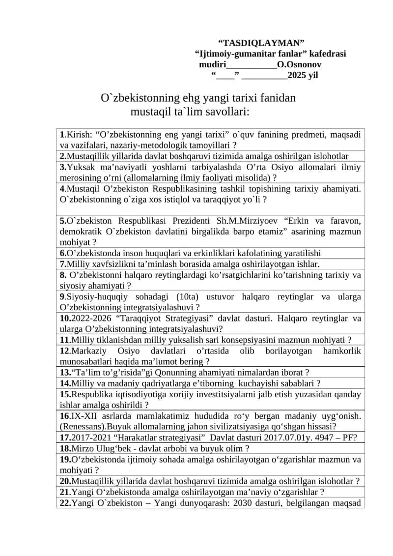 O`zbekistonning ehg yangi tarixi fanidan mustaqil ta`lim savollari