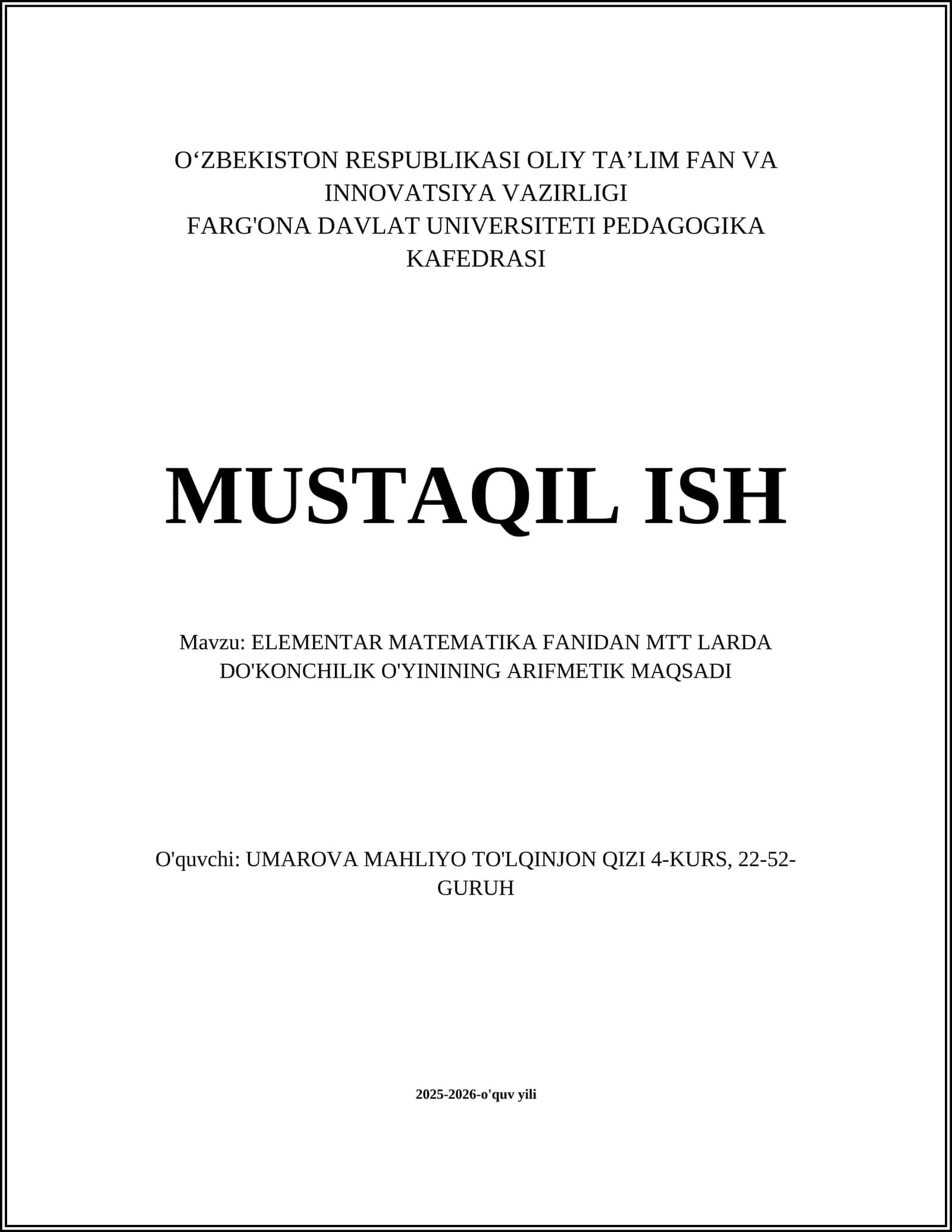 ELEMENTAR MATEMATIKA FANIDAN MTT LARDA DO'KONCHILIK O'YININING ARIFMETIK MAQSADI