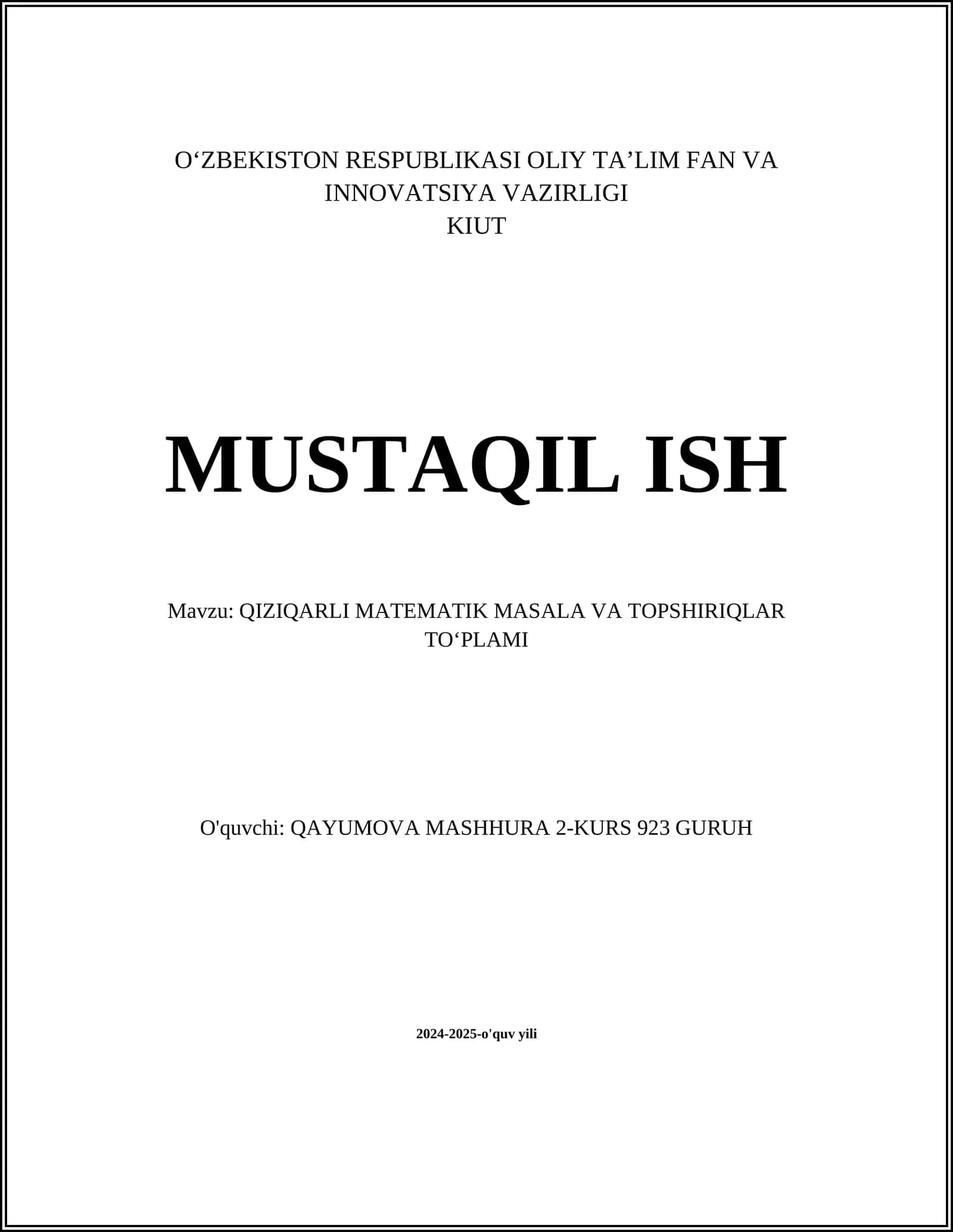 QIZIQARLI MATEMATIK MASALA VA TOPSHIRIQLAR TOʻPLAMI