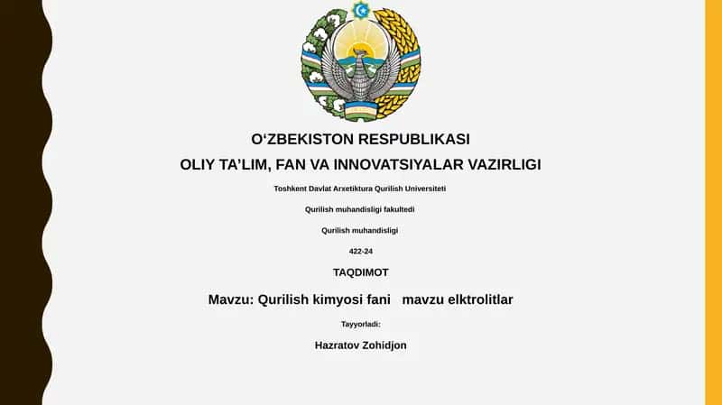 Qurilish kimyosi fani mavzu elktrolitlar