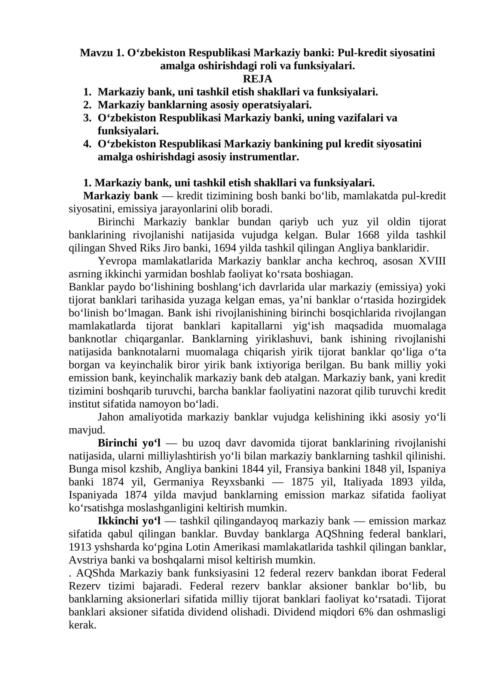 O‘zbekiston Respublikasi Markaziy banki: Pul-kredit siyosatini amalga oshirishdagi roli va funksiyalari