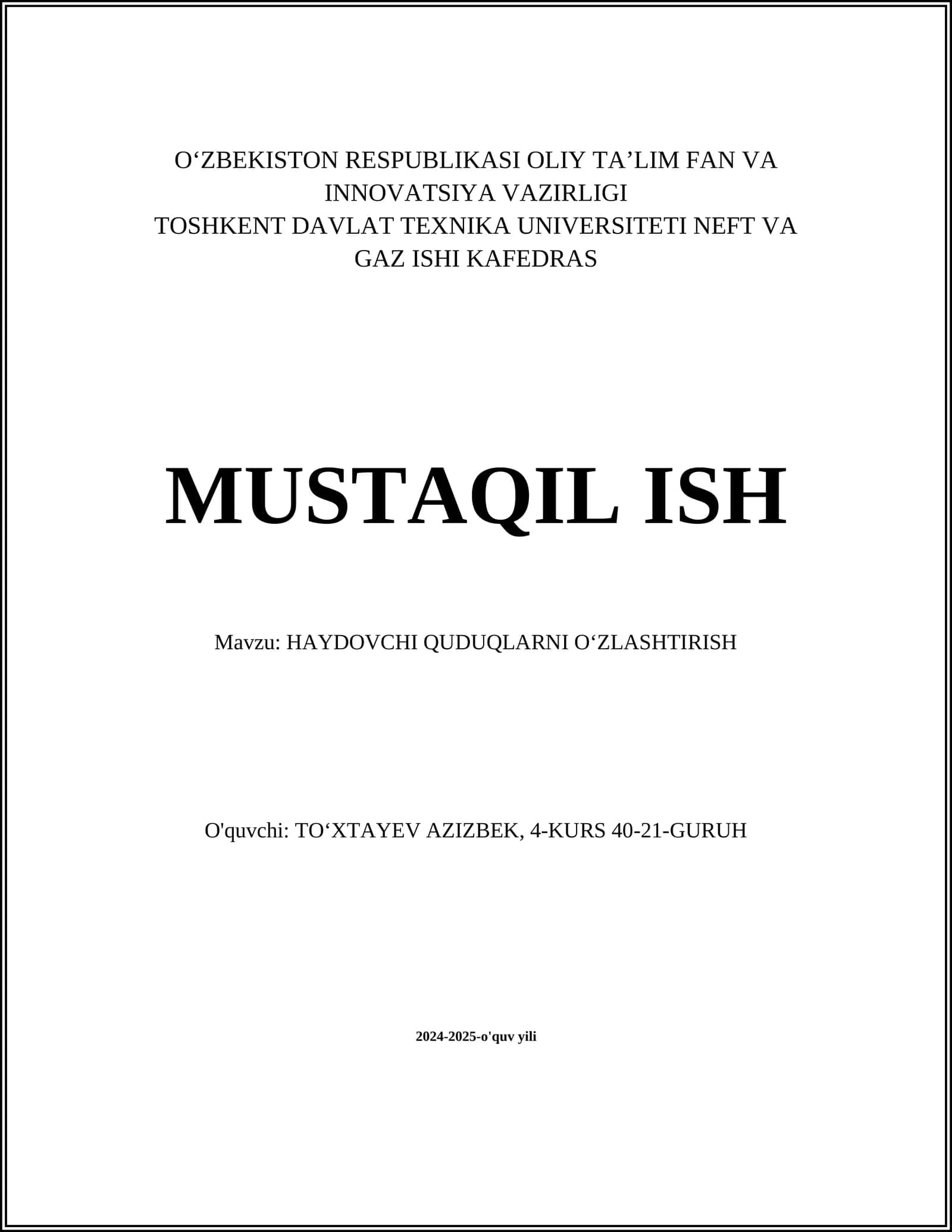 Haydovchi Quduqlarni Oʻzlashtirish Texnologiyasi