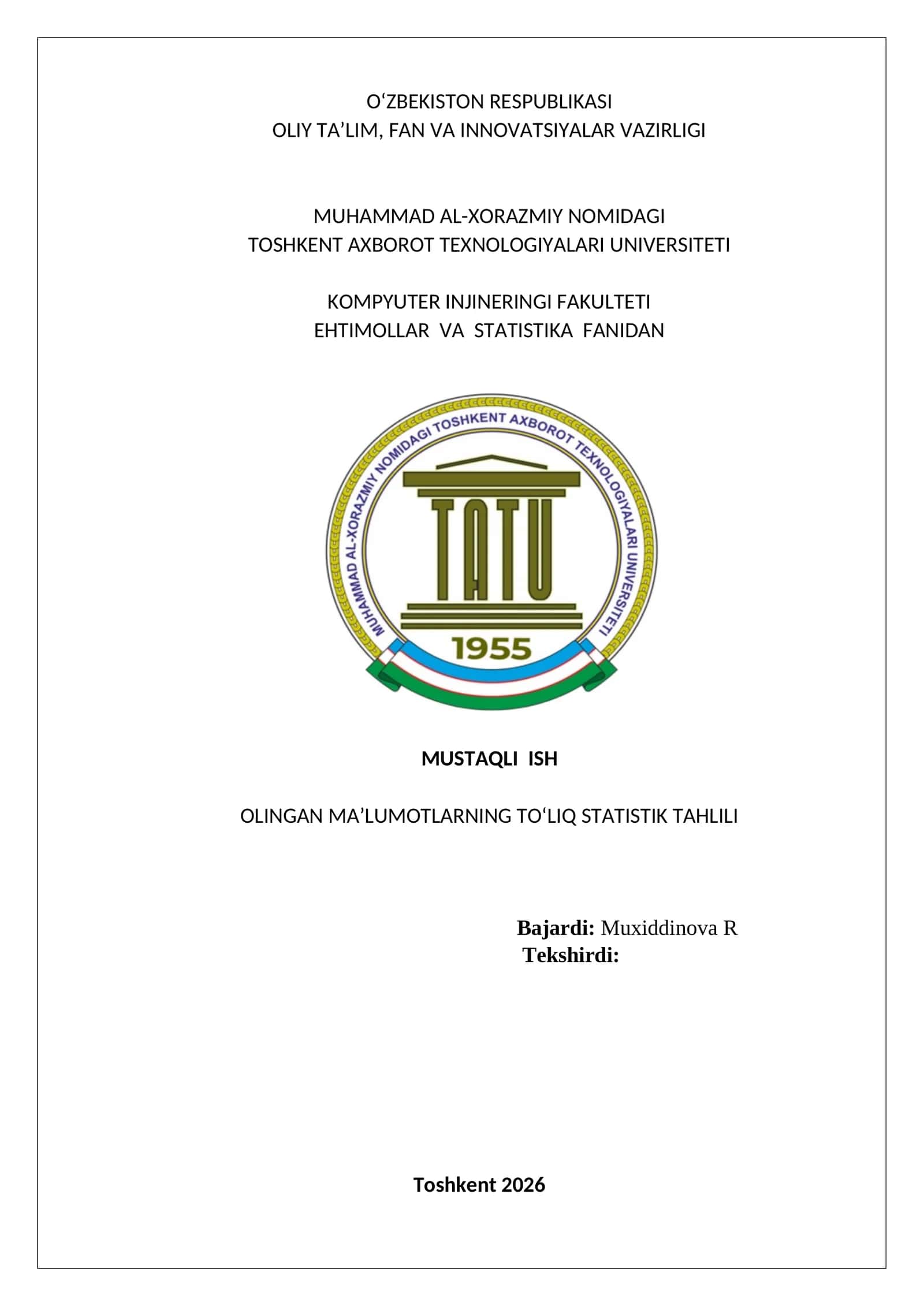 Olingan ma’lumotlarning to‘liq statistik tahlili. Ehtimollar nazariyasi va statistika: Telefon so'zlashuvlarining to'liq statistik tahlili (Excel + Analitik usul).
