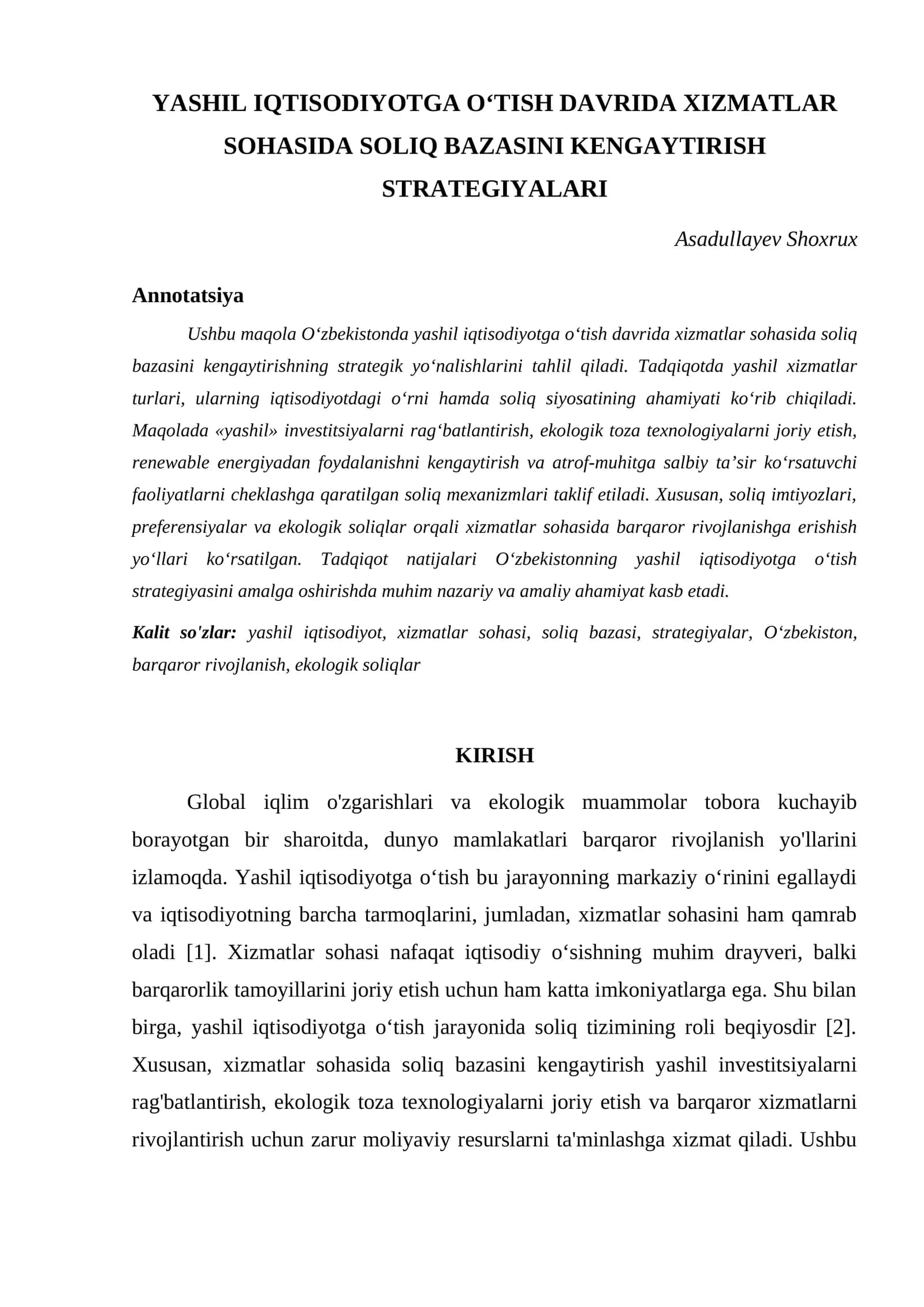 YASHIL IQTISODIYOTGA OʻTISH DAVRIDA XIZMATLAR SOHASIDA SOLIQ BAZASINI KENGAYTIRISH STRATEGIYALARI