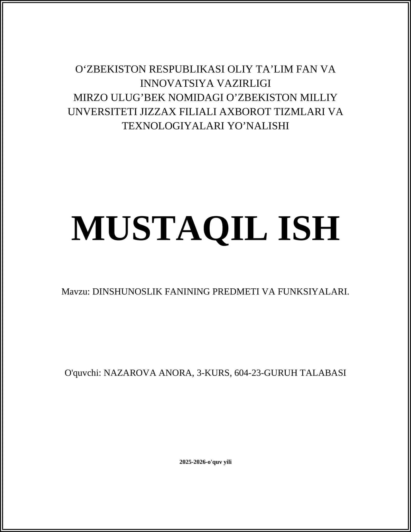 DINSHUNOSLIK FANINING PREDMETI VA FUNKSIYALARI
