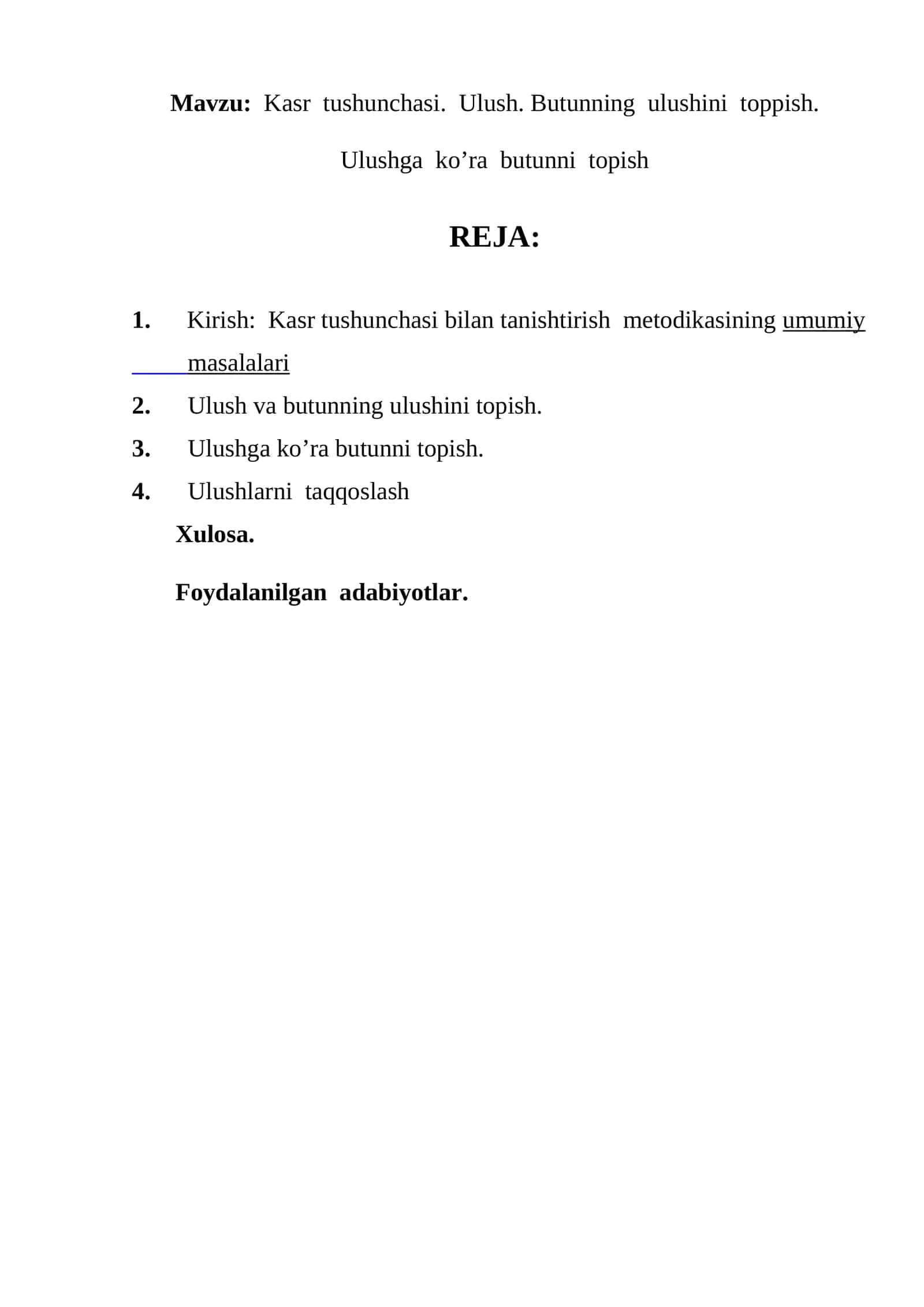 Kasr tushunchasi. Ulush. Butunning ulushini toppish. Ulushga ko’ra butunni topish