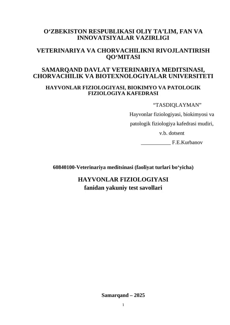 Yakuniy test savollari - Hayvonlar fiziologiyasi