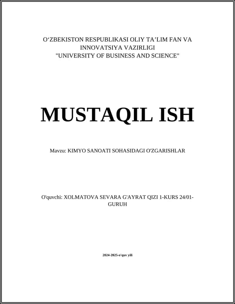 KIMYO SANOATI SOHASIDAGI O'ZGARISHLAR
