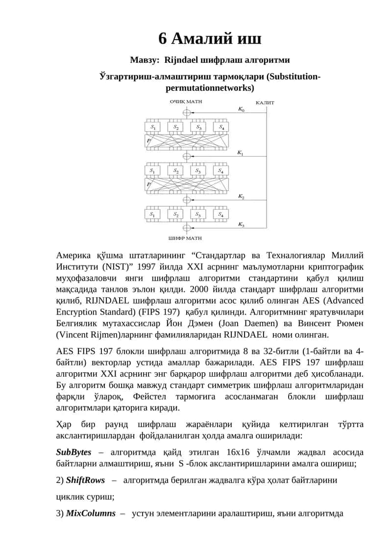 RIJNDAEL шифрлаш алгоритми