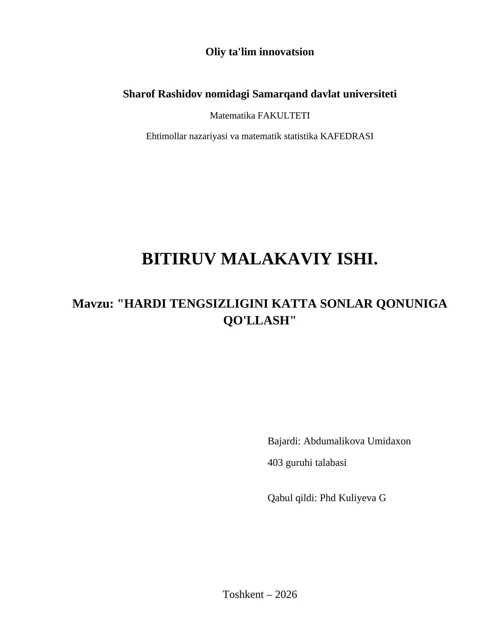 Hardi tengsizligini katta sonlar qonuniga qo'llash