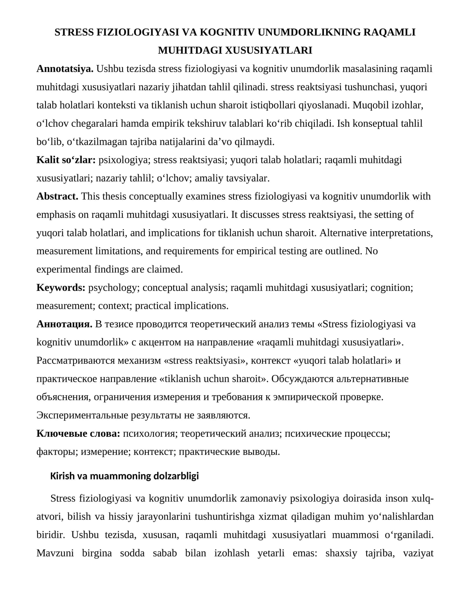 STRESS FIZIOLOGIYASI VA KOGNITIV UNUMDORLIKNING RAQAMLI MUHITDAGI XUSUSIYATLARI