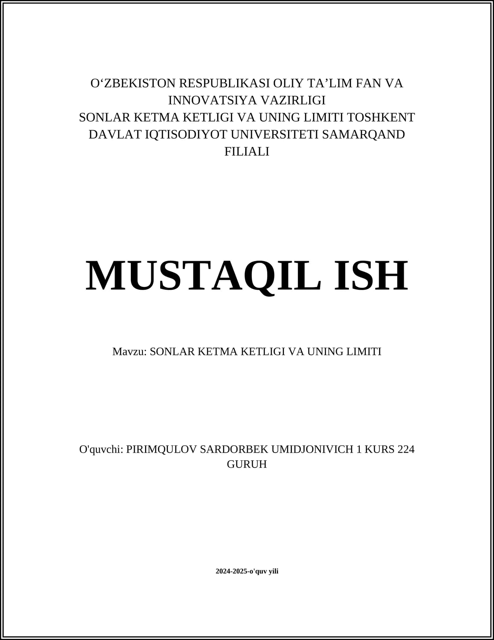 SONLAR KETMA KETLIGI VA UNING LIMITI