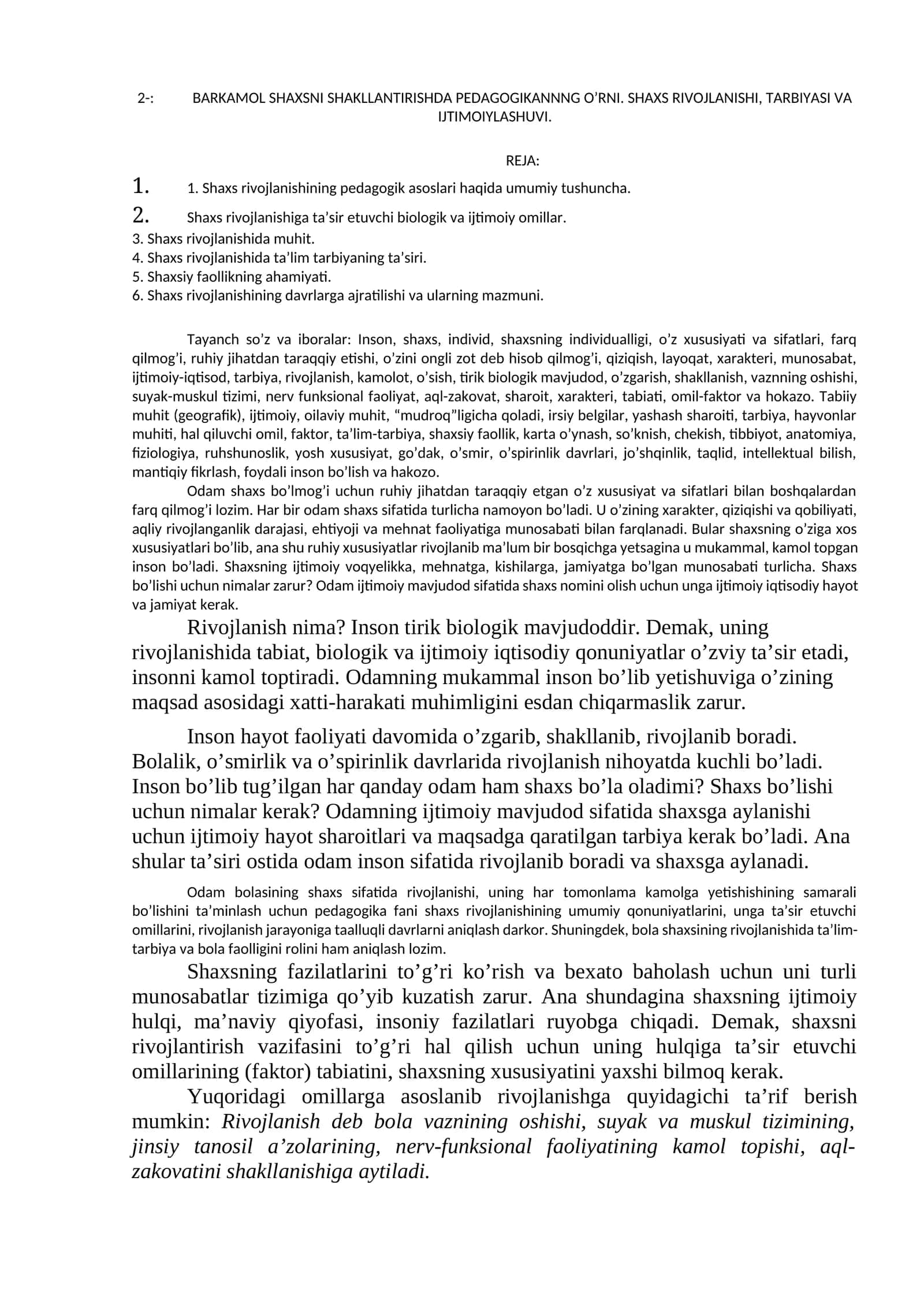 Shaxsning Rivojlanishi va Pedagogikani O'rganish