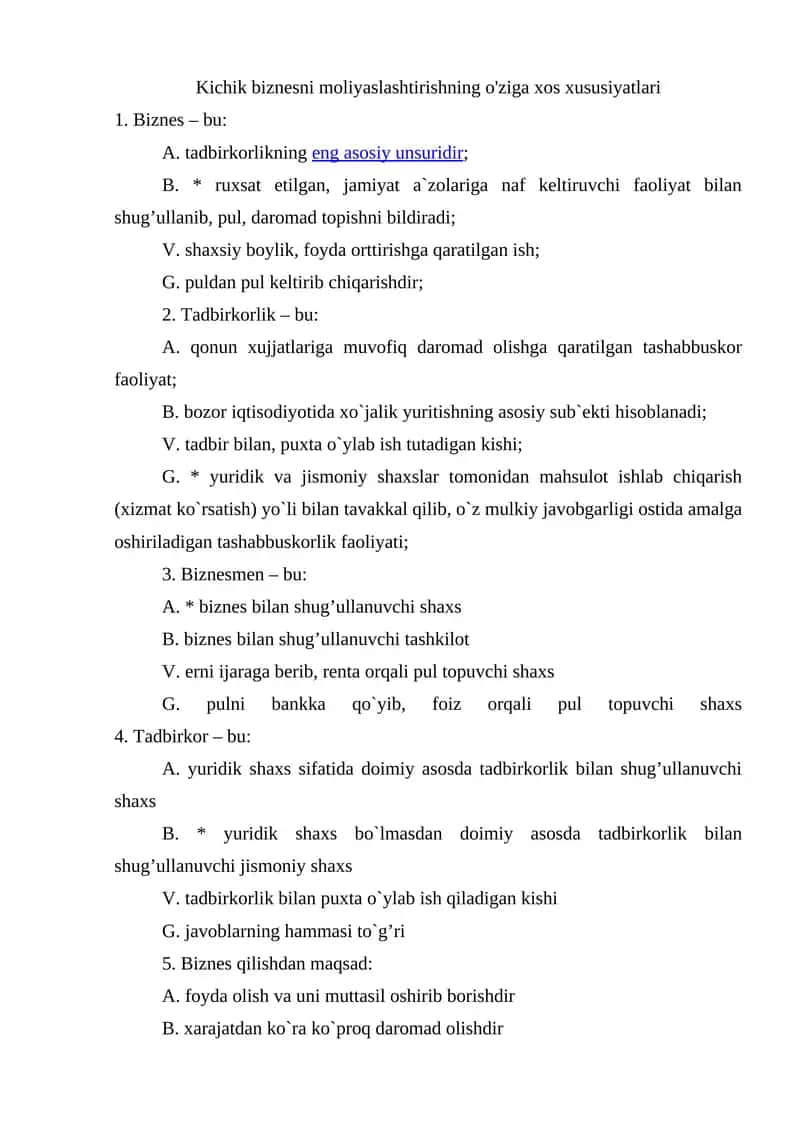 Kichik biznesni moliyaslashtirishning o'ziga xos xususiyatlari