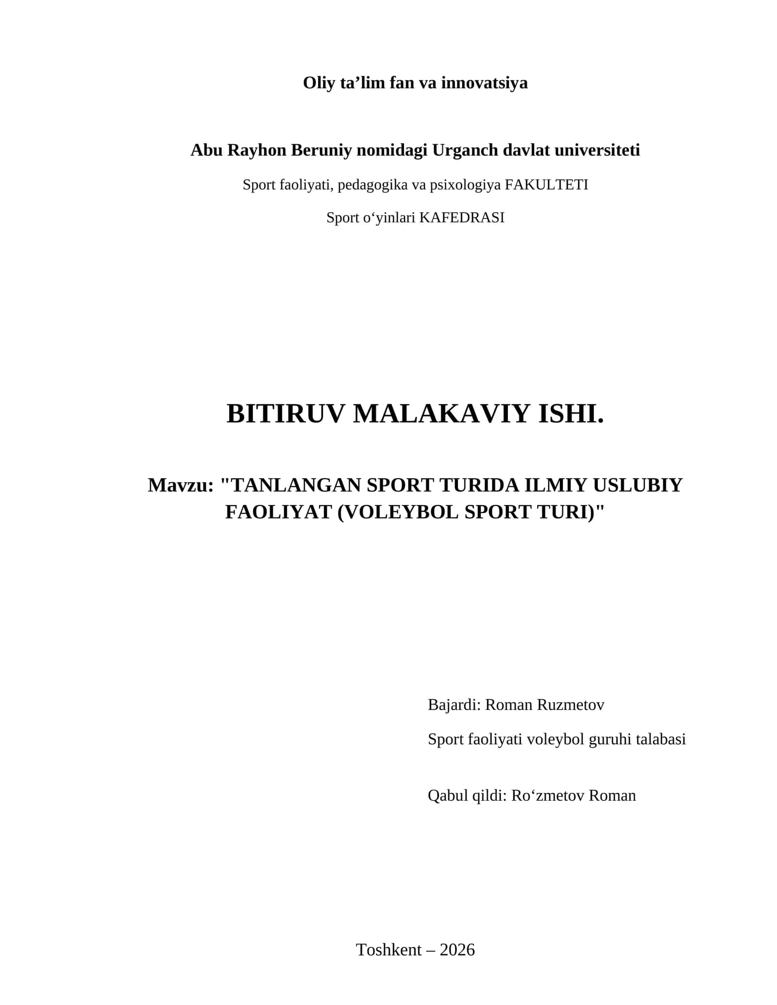 Tanlangan sport turida ilmiy uslubiy faoliyat (voleybol sport turi)