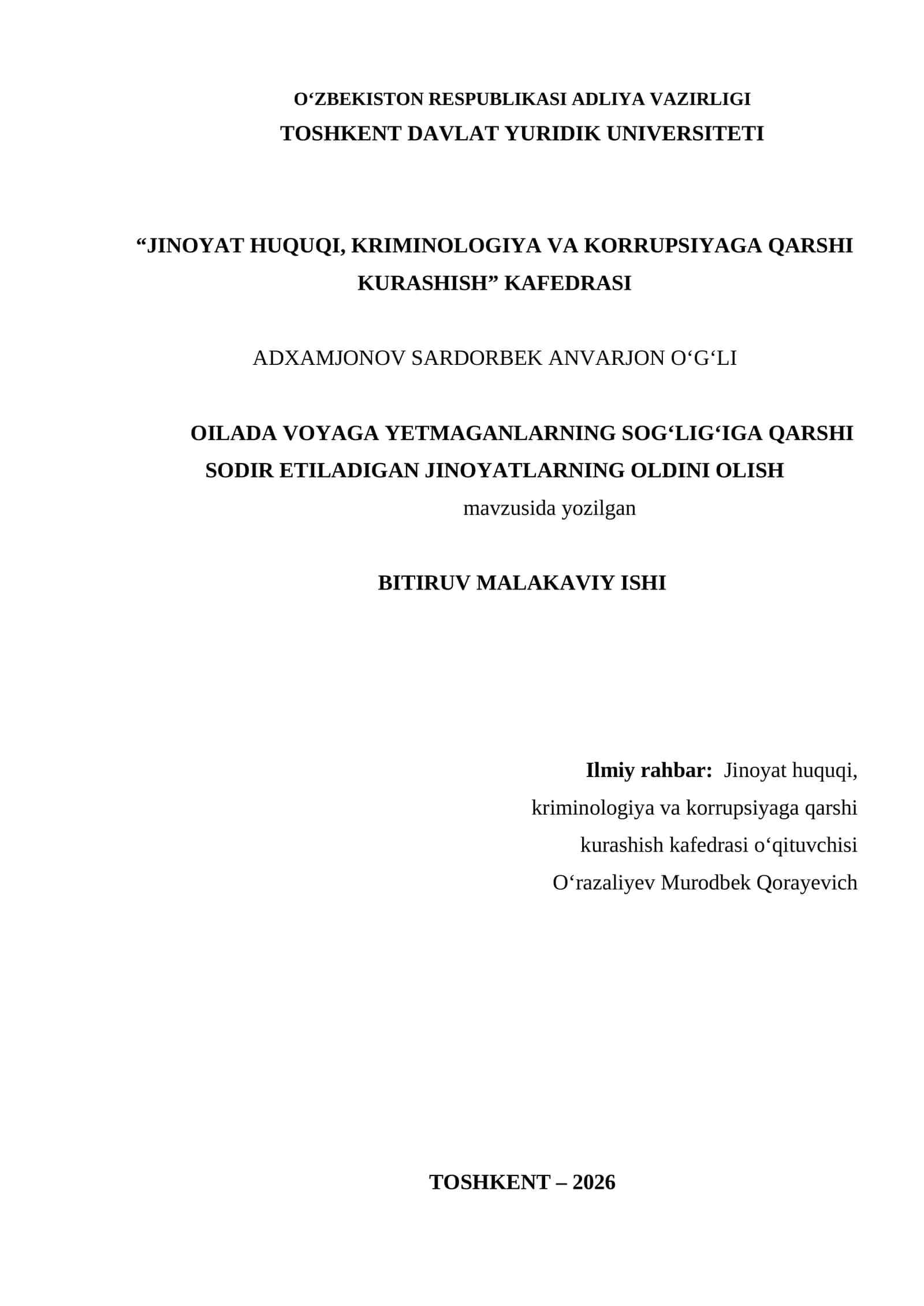Oilada Voyaga Yetmaganlarning Sog'lig'iga Qarshi Sodir Etiladigan Jinoyatların Oldini Olish